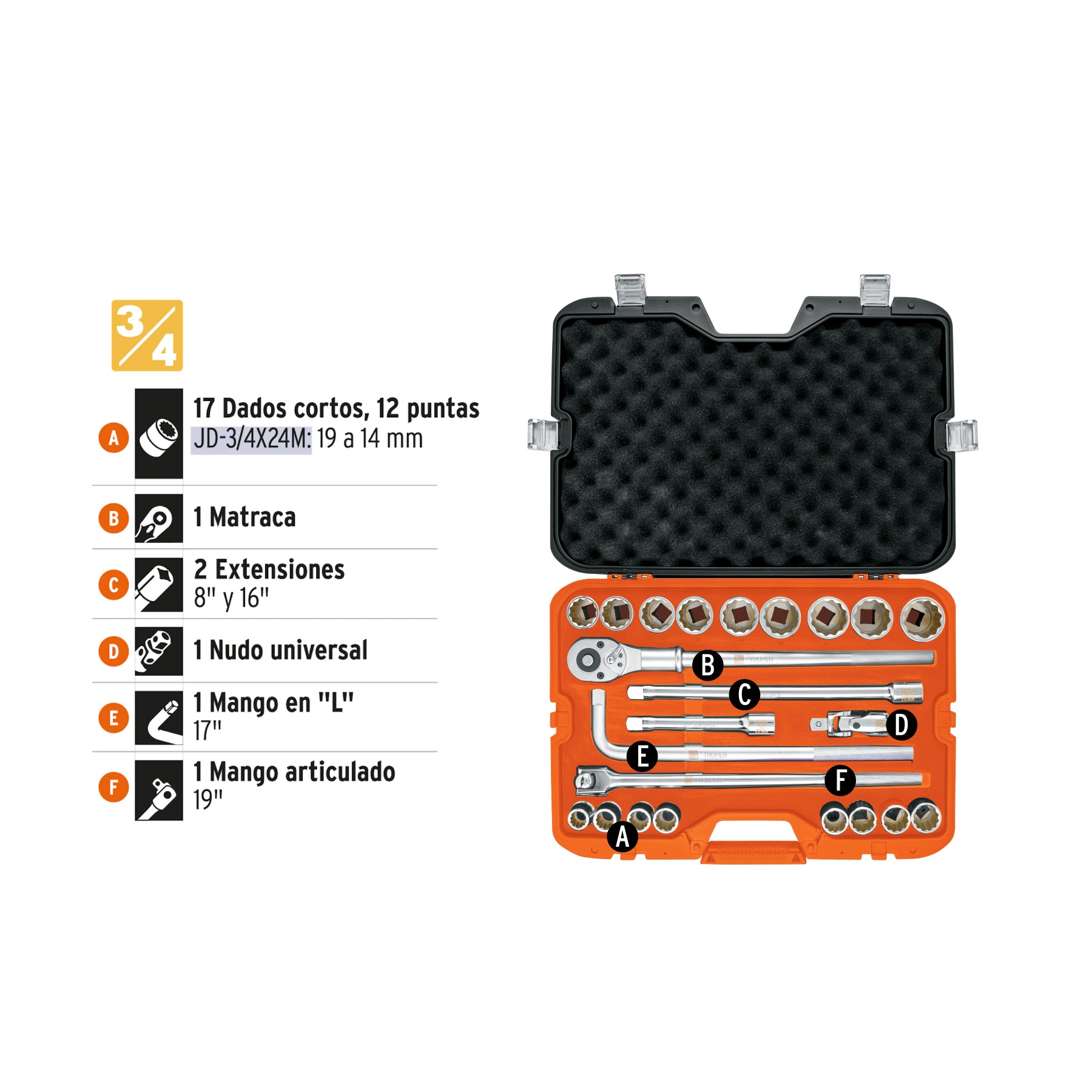 Juego de 23 herramientas cuadro 3/4" mm para mecánico