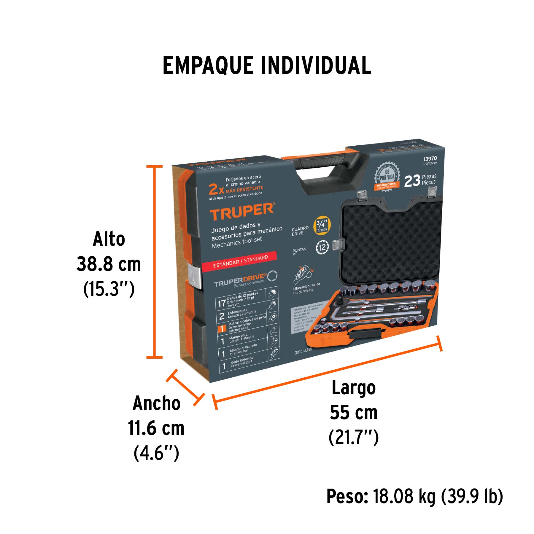Juego de 23 herramientas cuadro 3/4" std para mecánico - Empaque