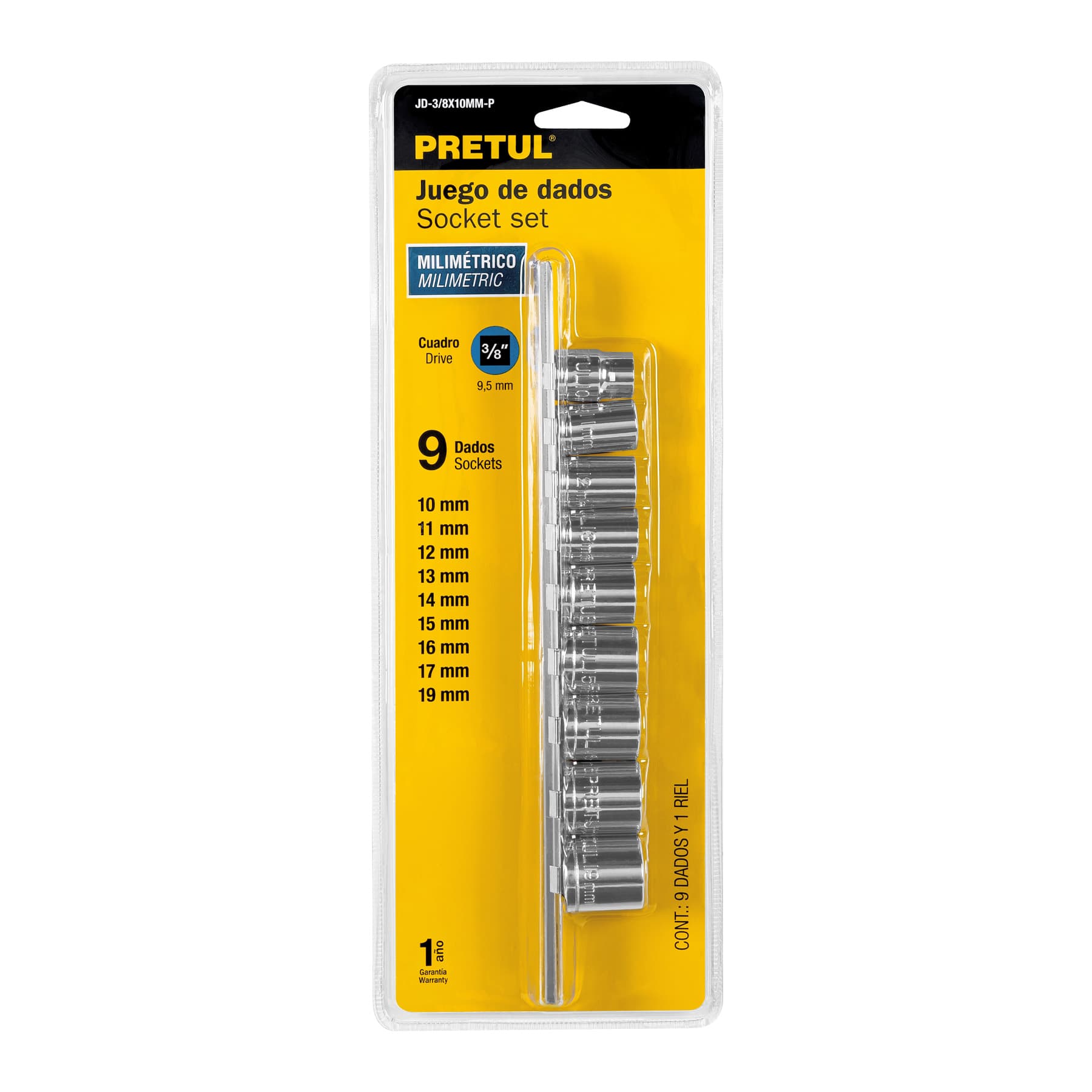 Juego de 9 dados cuadro 3/8" mm, PRETUL
