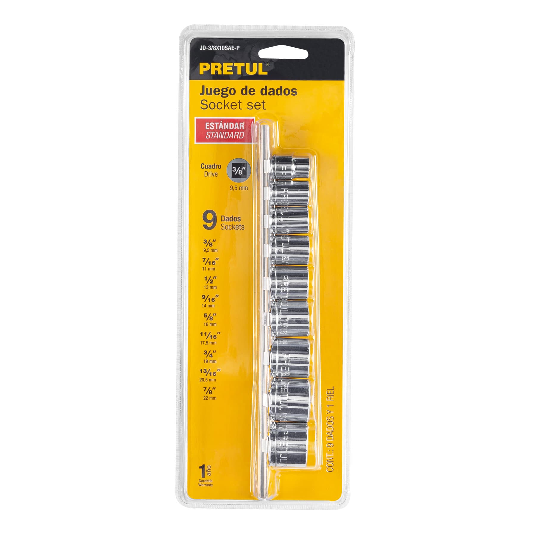 Juego de 9 dados cuadro 3/8" std, PRETUL