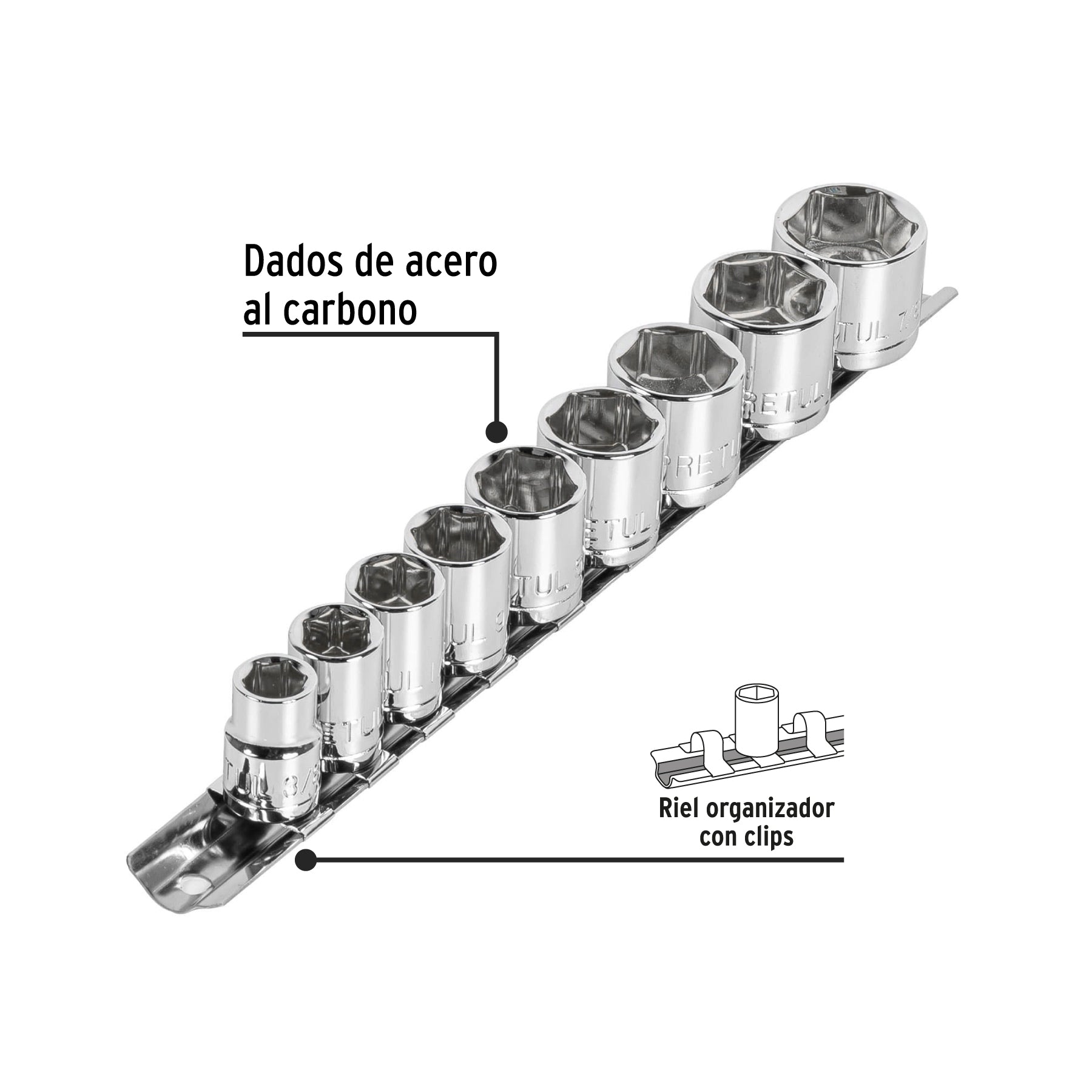 Juego de 9 dados cuadro 3/8" std, PRETUL