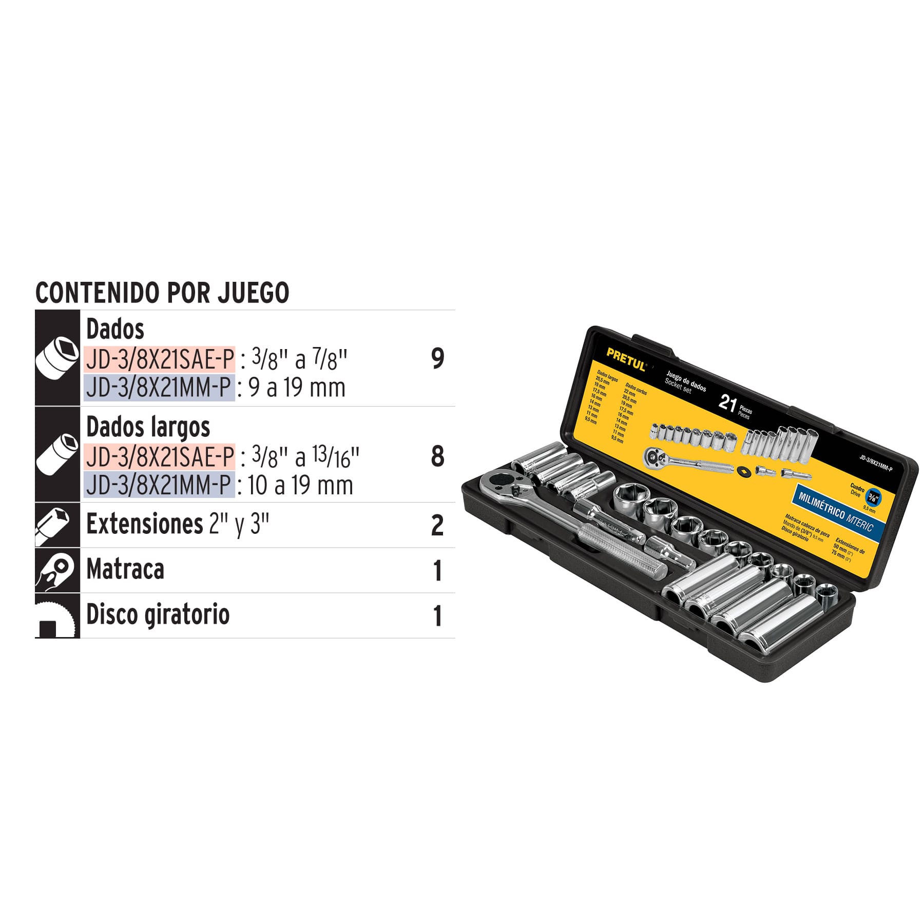 Juego de 21 herramientas 3/8" mm para mecánico, PRETUL