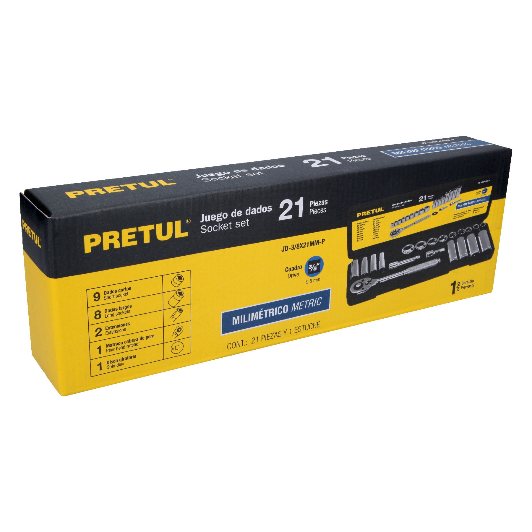 Juego de 21 herramientas 3/8" mm para mecánico, PRETUL