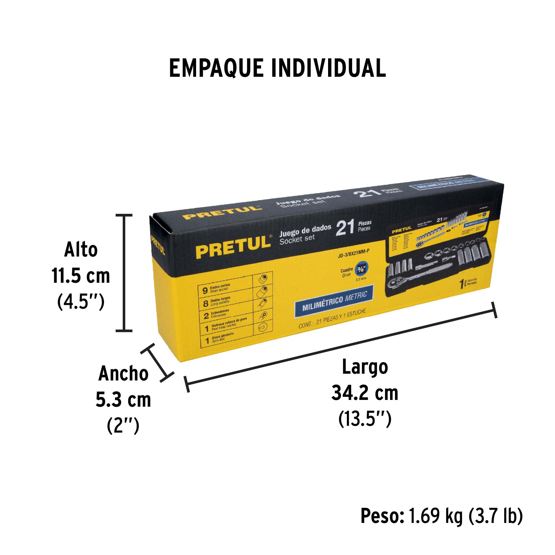 Juego de 21 herramientas 3/8" mm para mecánico, PRETUL - Empaque