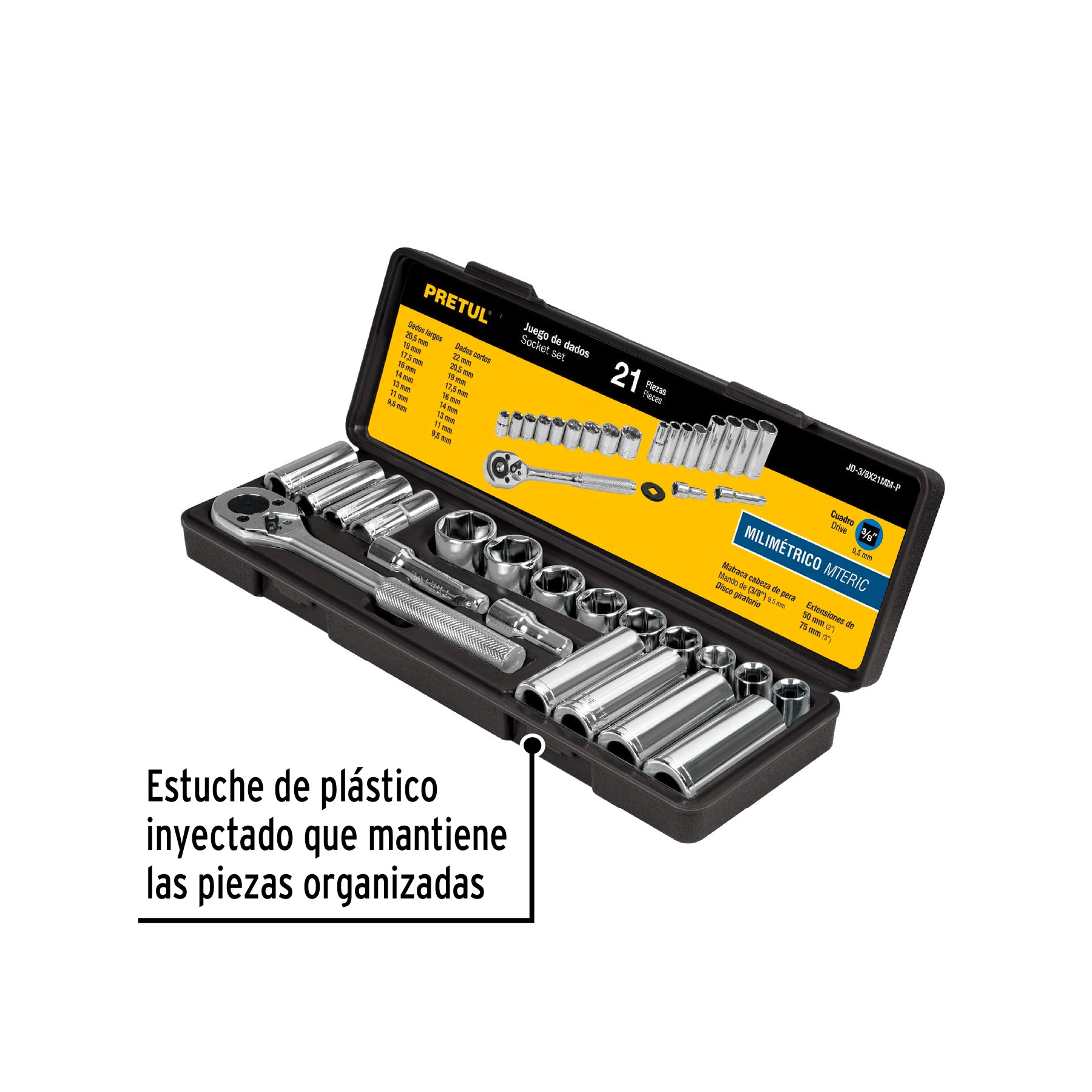 Juego de 21 herramientas 3/8" mm para mecánico, PRETUL