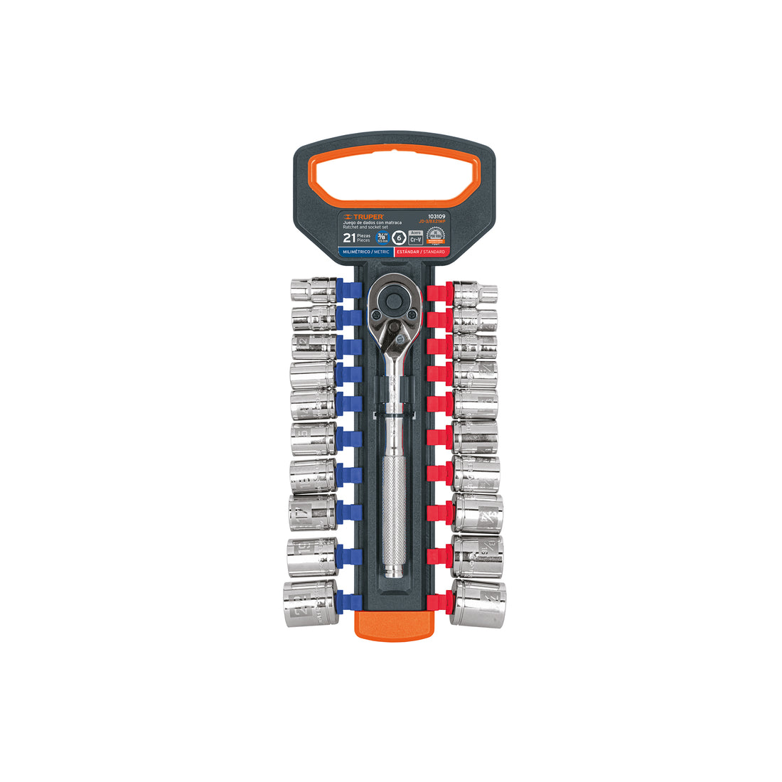 Juego de dados mm y std con matraca, cuadro 3/8", TRUPER