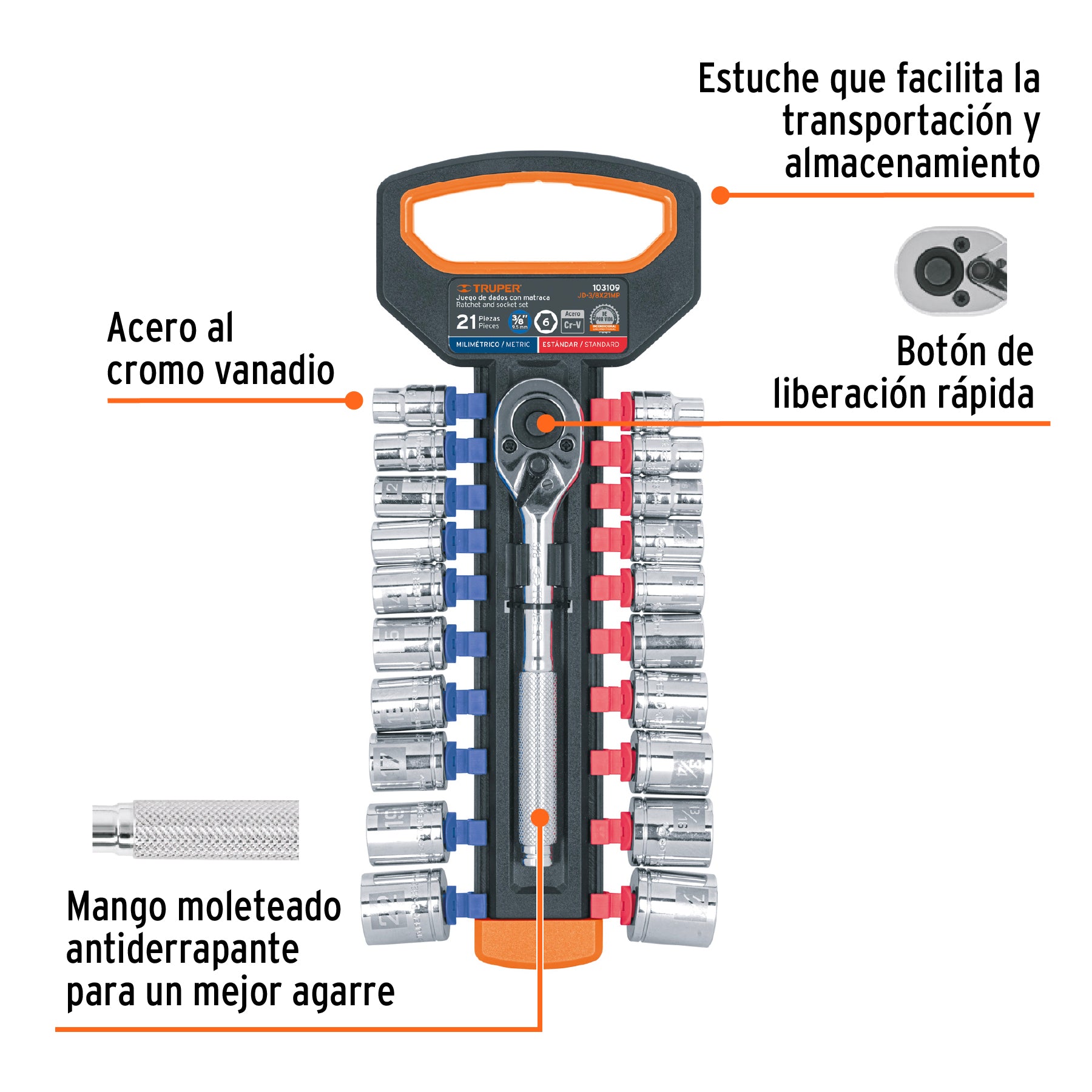 Juego de dados mm y std con matraca, cuadro 3/8", TRUPER