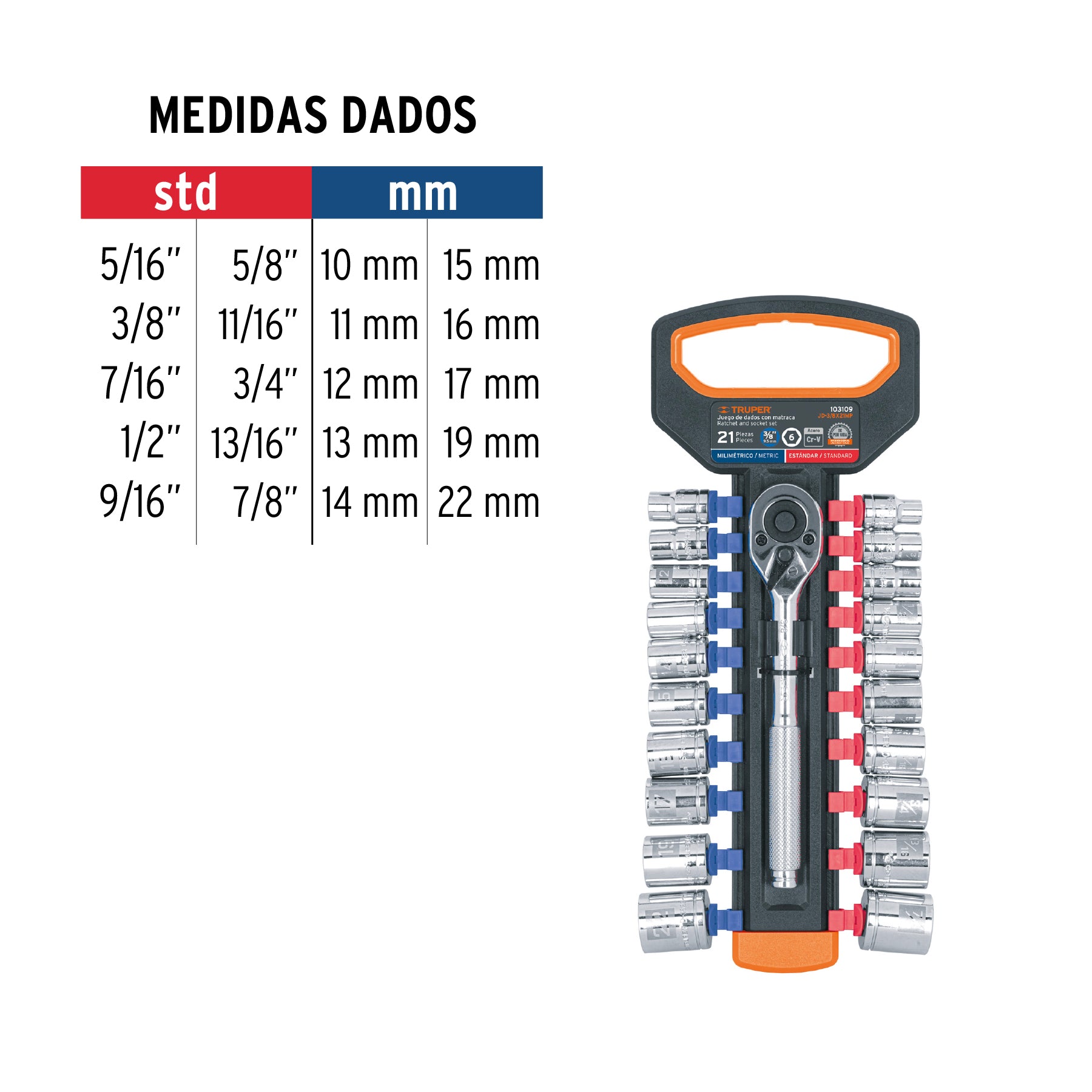 Juego de dados mm y std con matraca, cuadro 3/8", TRUPER