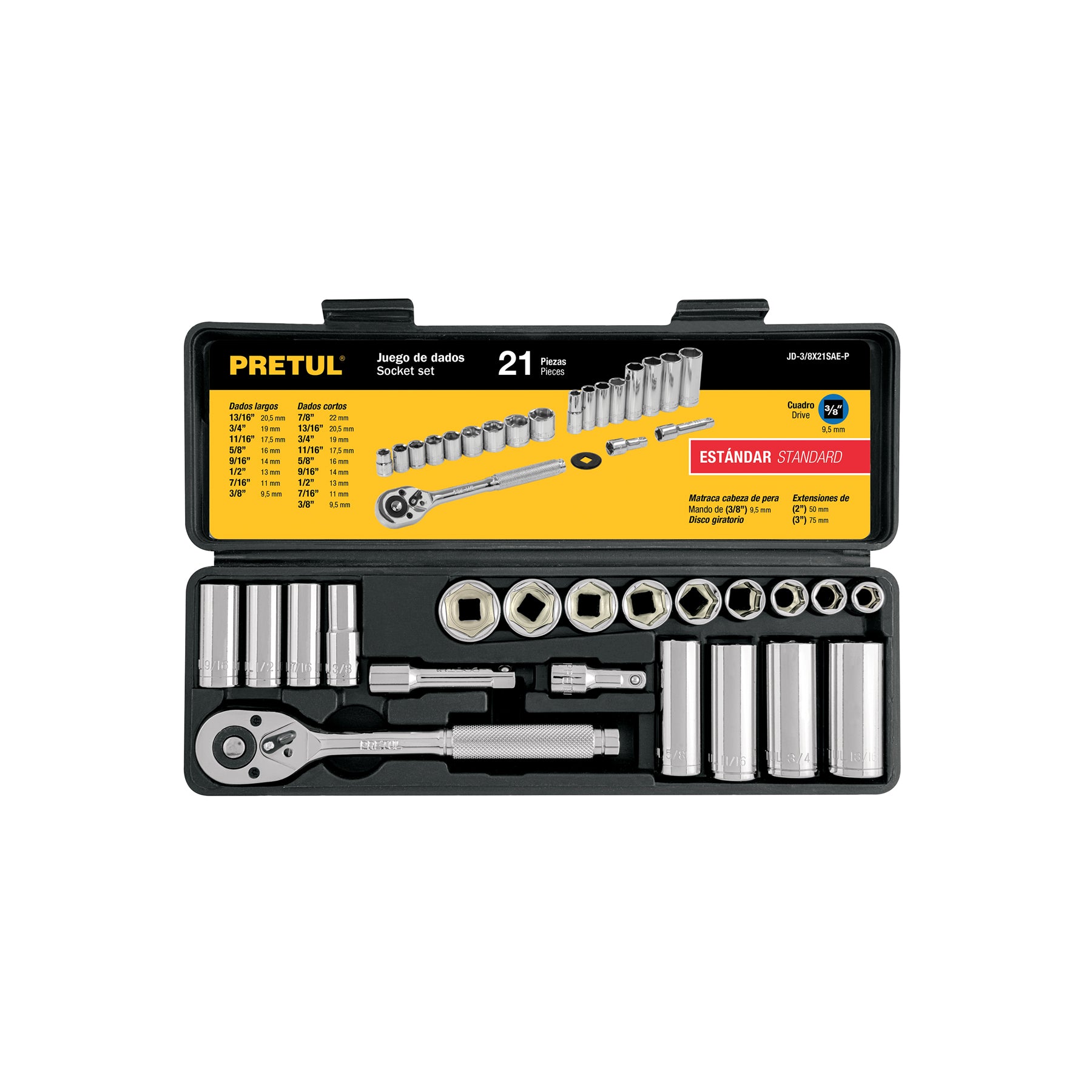 Juego de 21 herramientas 3/8" std para mecánico, PRETUL