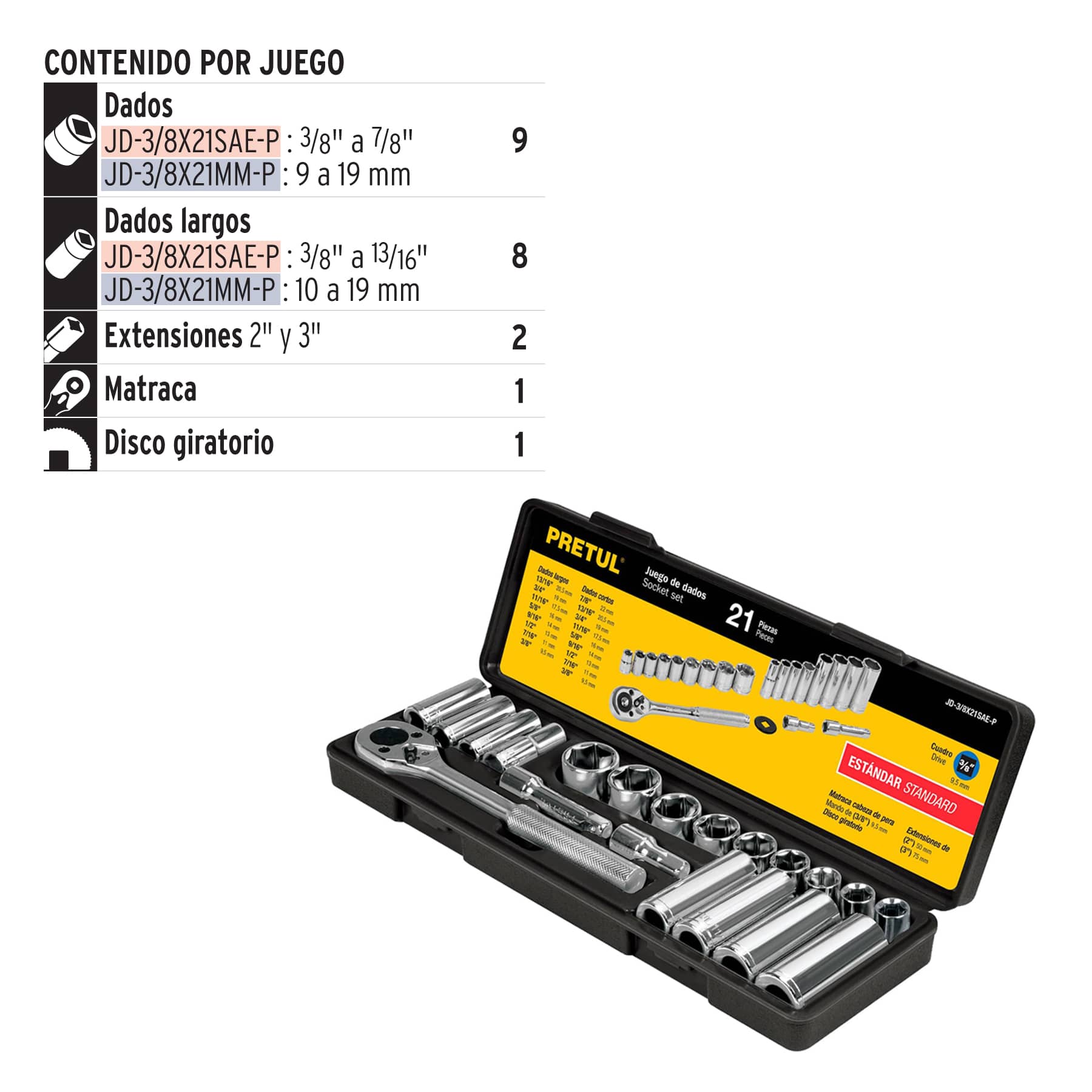 Juego de 21 herramientas 3/8" std para mecánico, PRETUL