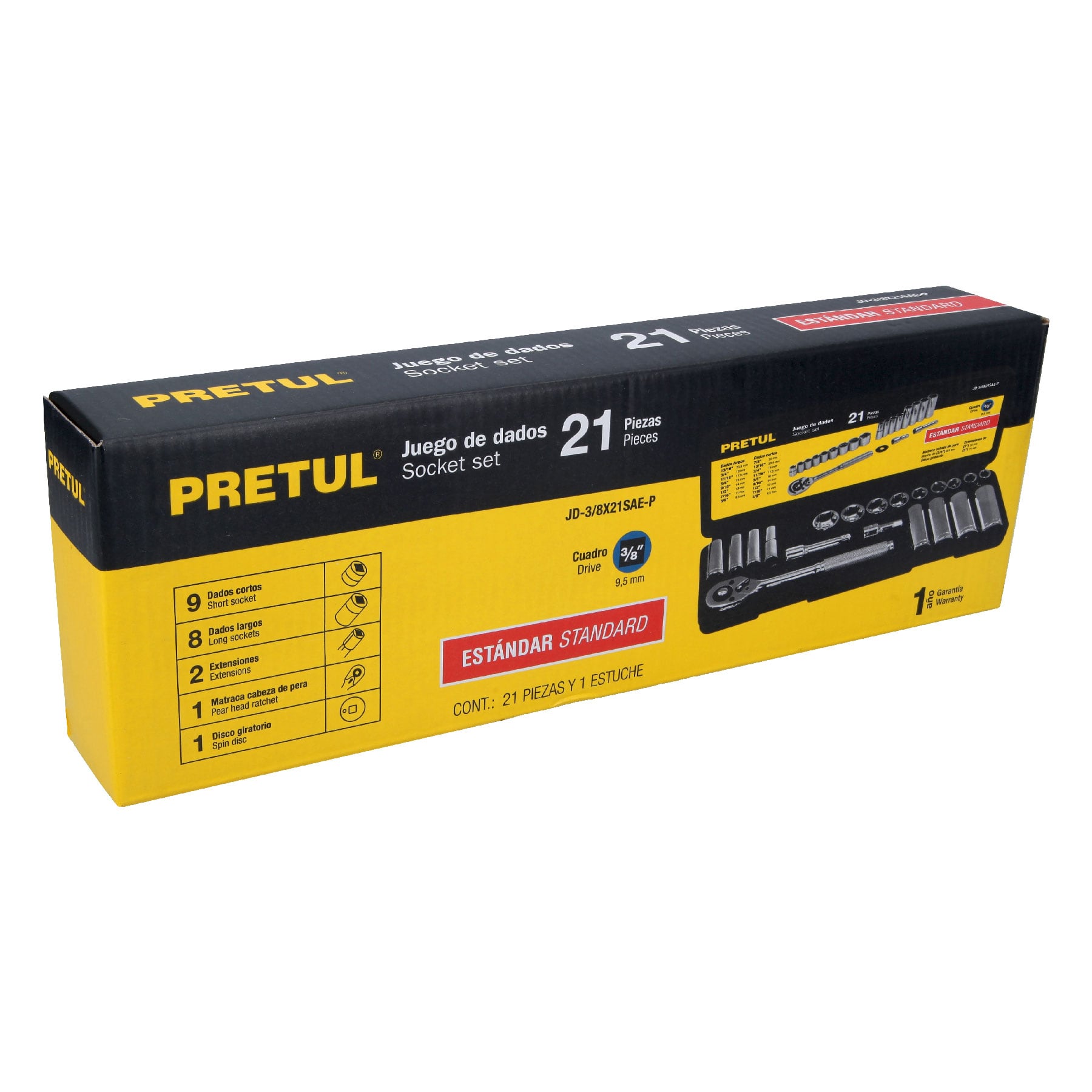 Juego de 21 herramientas 3/8" std para mecánico, PRETUL