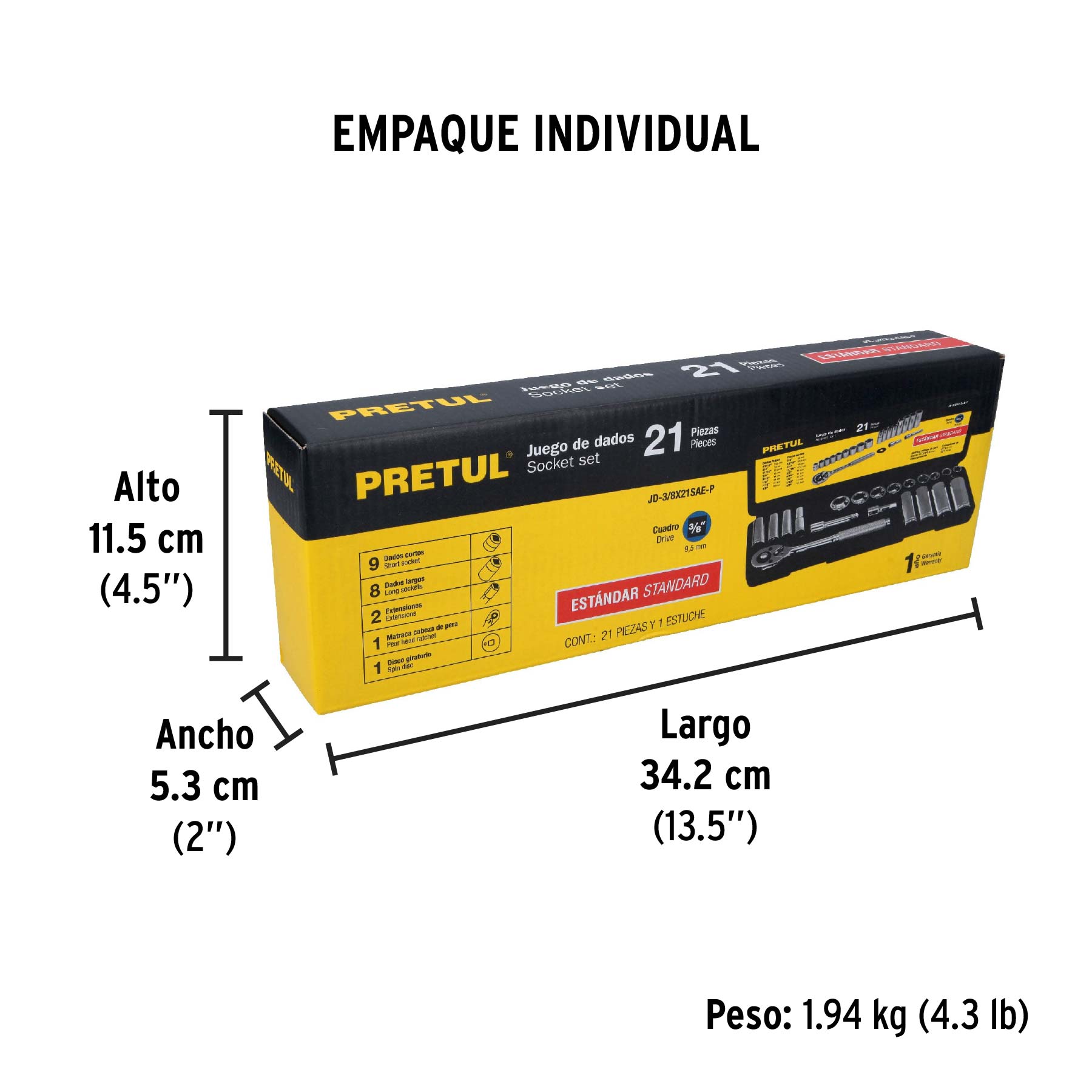 Juego de 21 herramientas 3/8" std para mecánico, PRETUL - Empaque