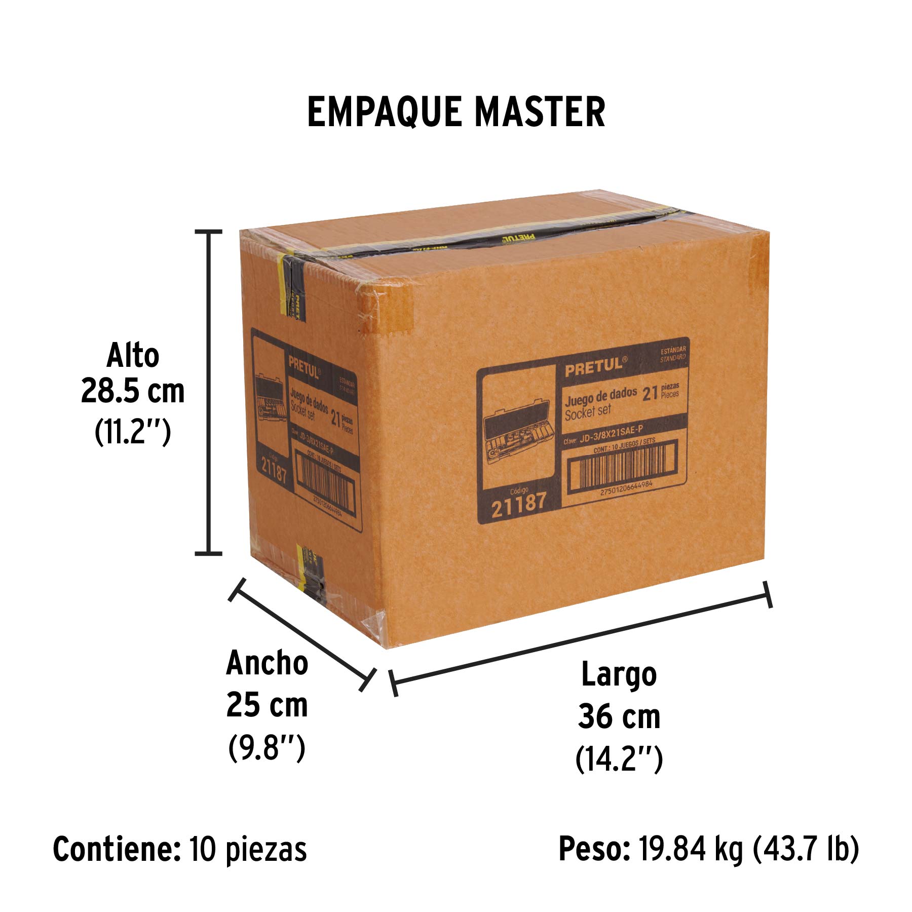 Juego de 21 herramientas 3/8" std para mecánico, PRETUL - Empaque
