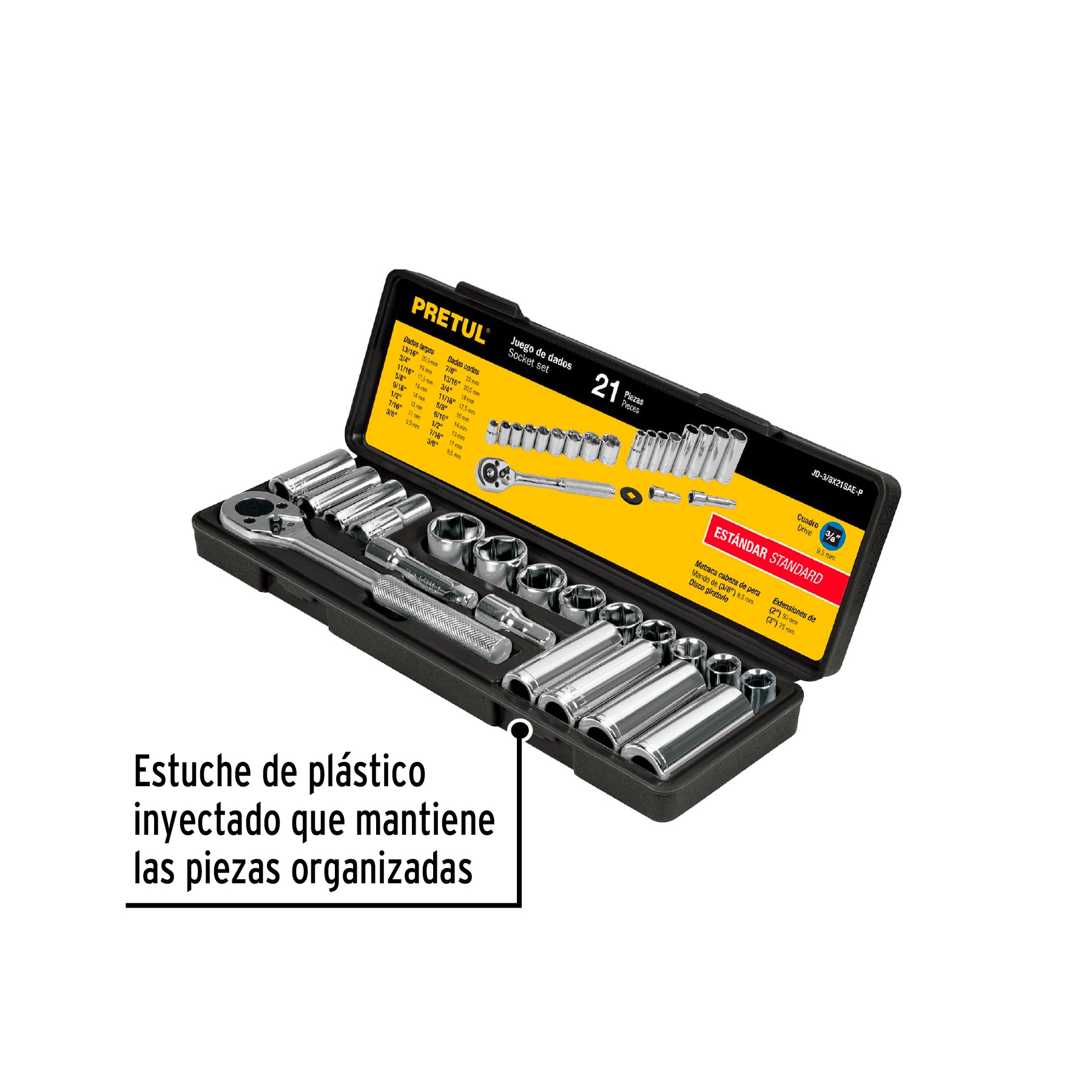 Juego de 21 herramientas 3/8" std para mecánico, PRETUL