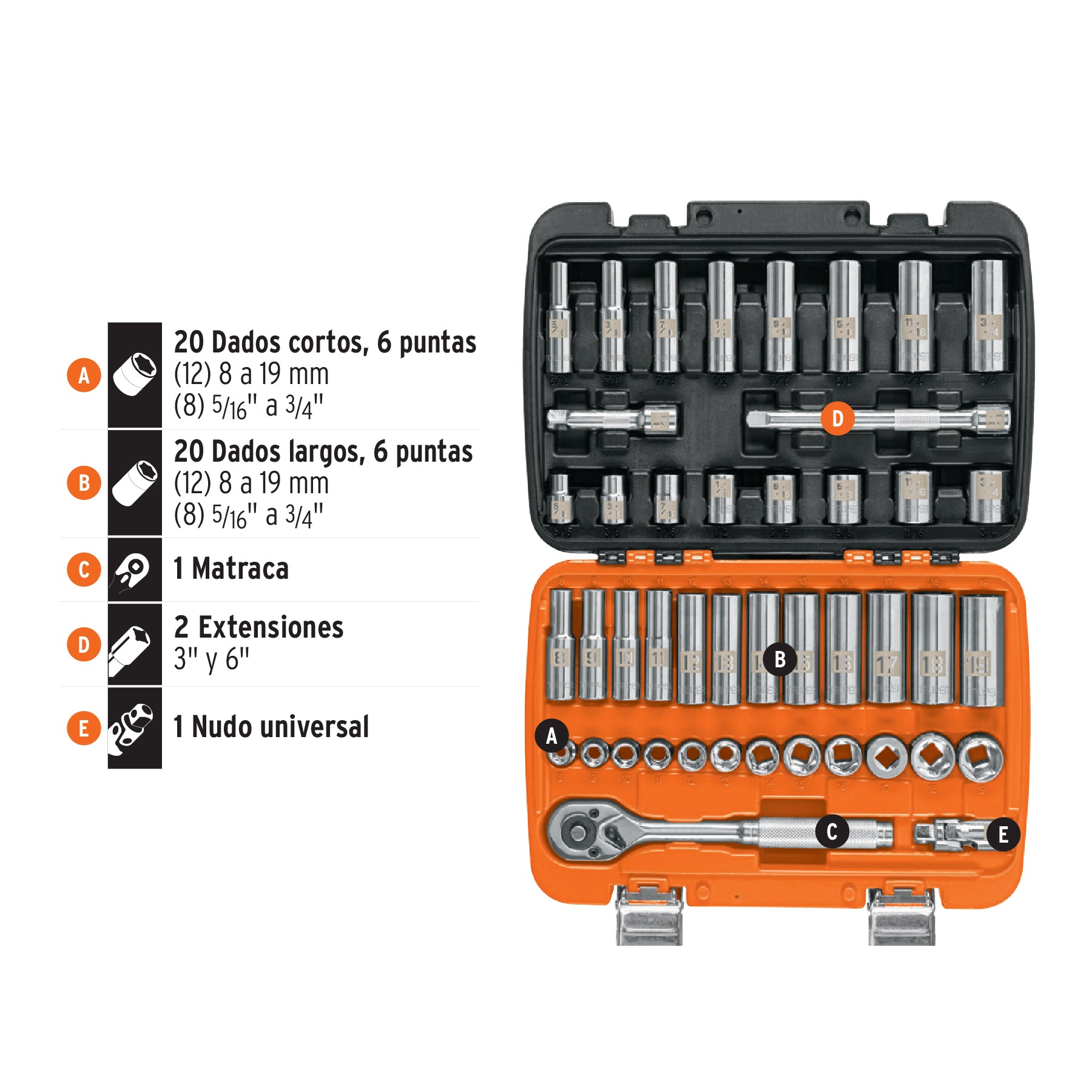 Juego de 45 herramientas cuadro 3/8" std y mm para mecánico