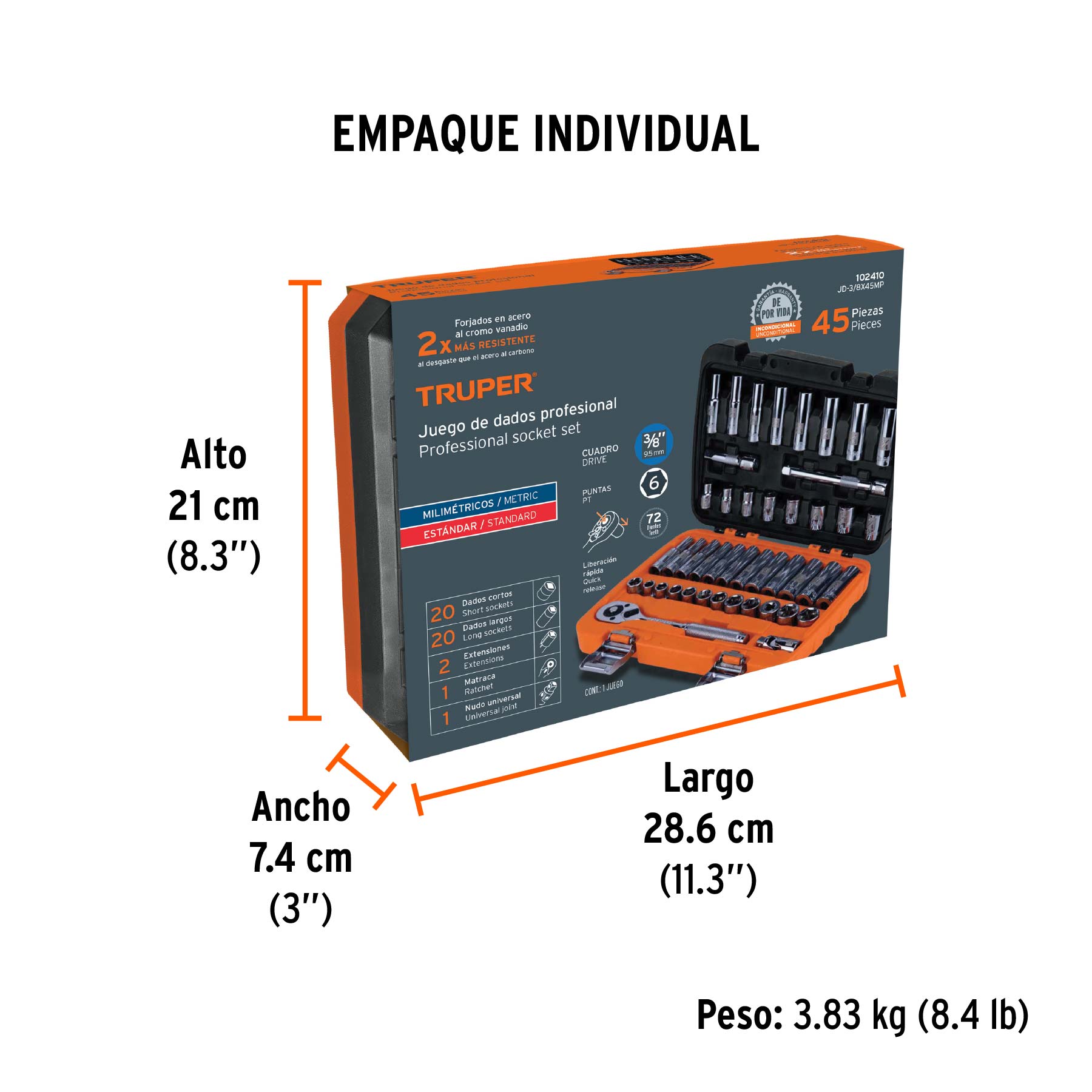 Juego de 45 herramientas cuadro 3/8" std y mm para mecánico - Empaque