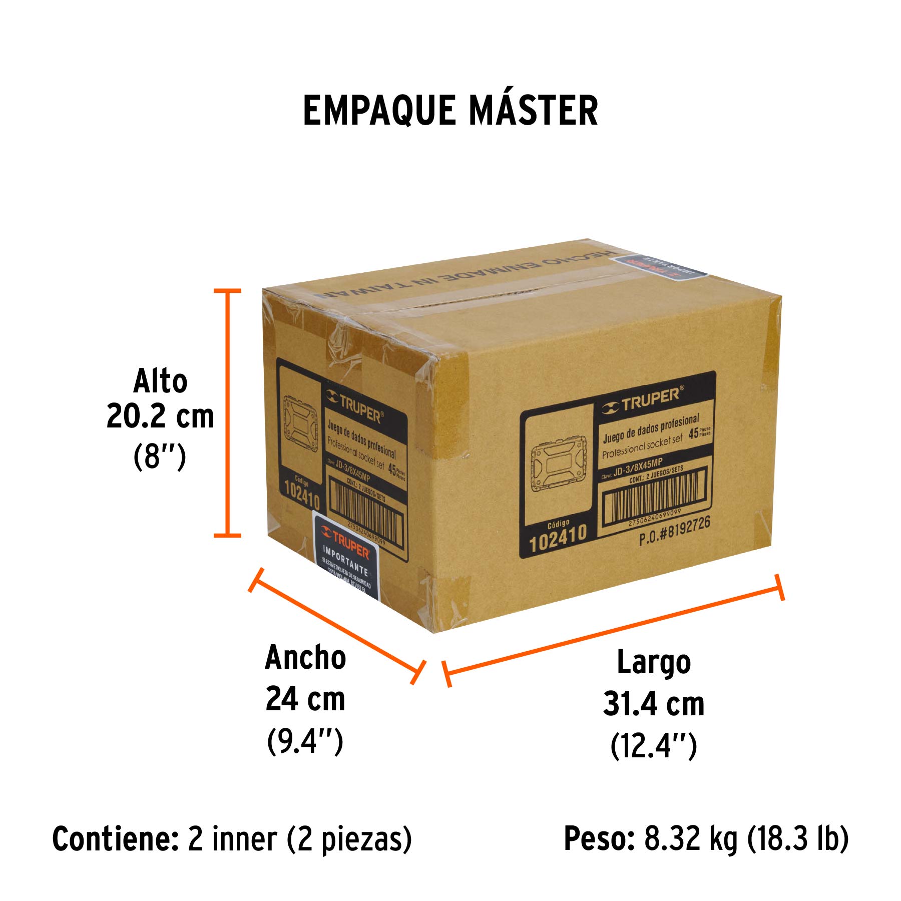 Juego de 45 herramientas cuadro 3/8" std y mm para mecánico - Empaque