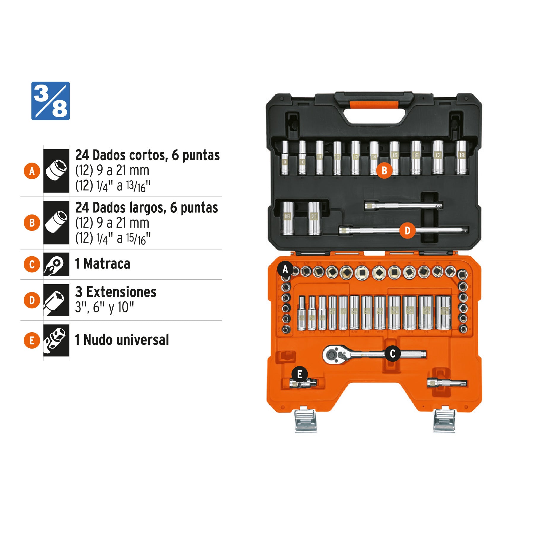 Juego de 53 herramientas cuadro 3/8" mm para mecánico