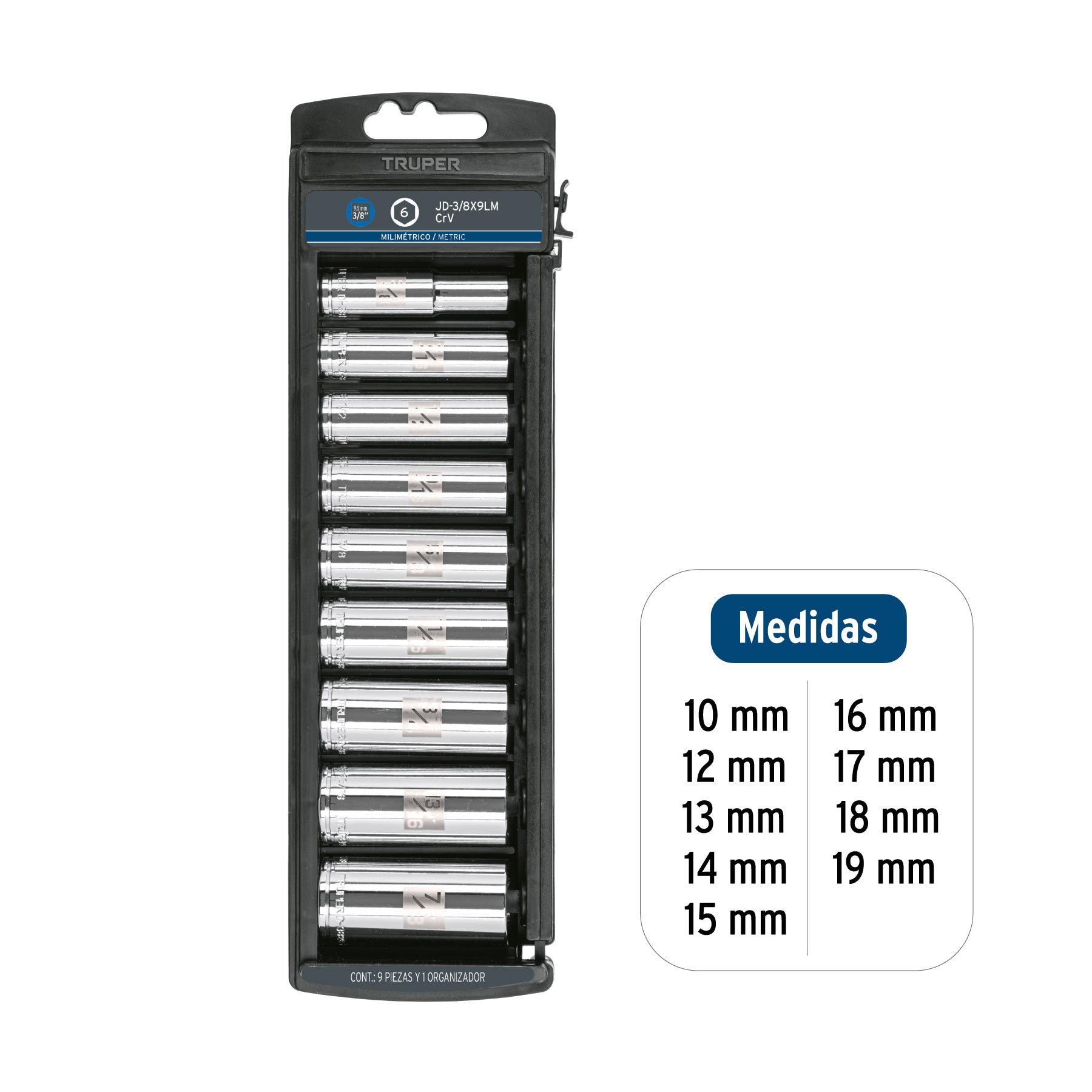 Juego de 9 dados largos cuadro 3/8" mm, TRUPER