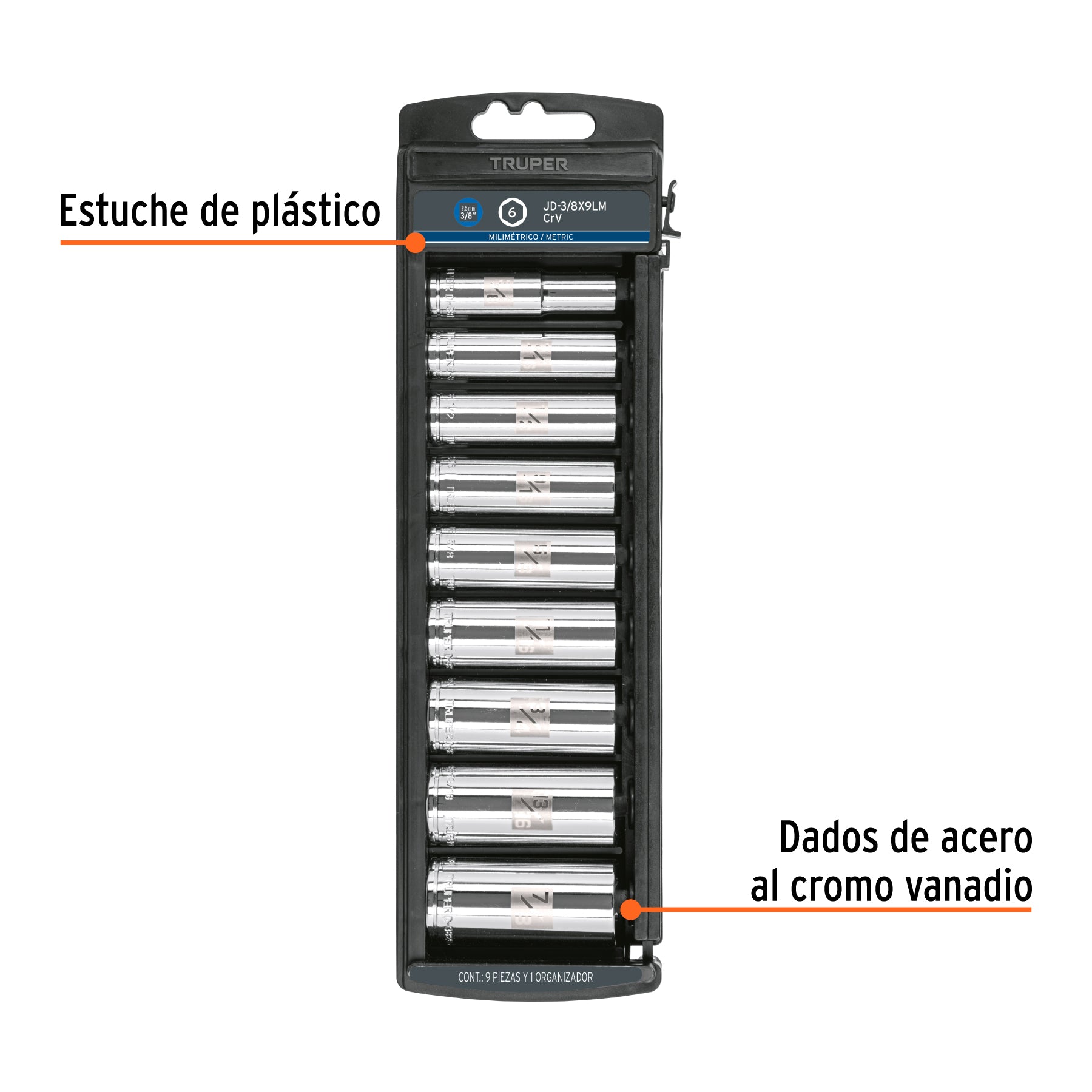 Juego de 9 dados largos cuadro 3/8" mm, TRUPER