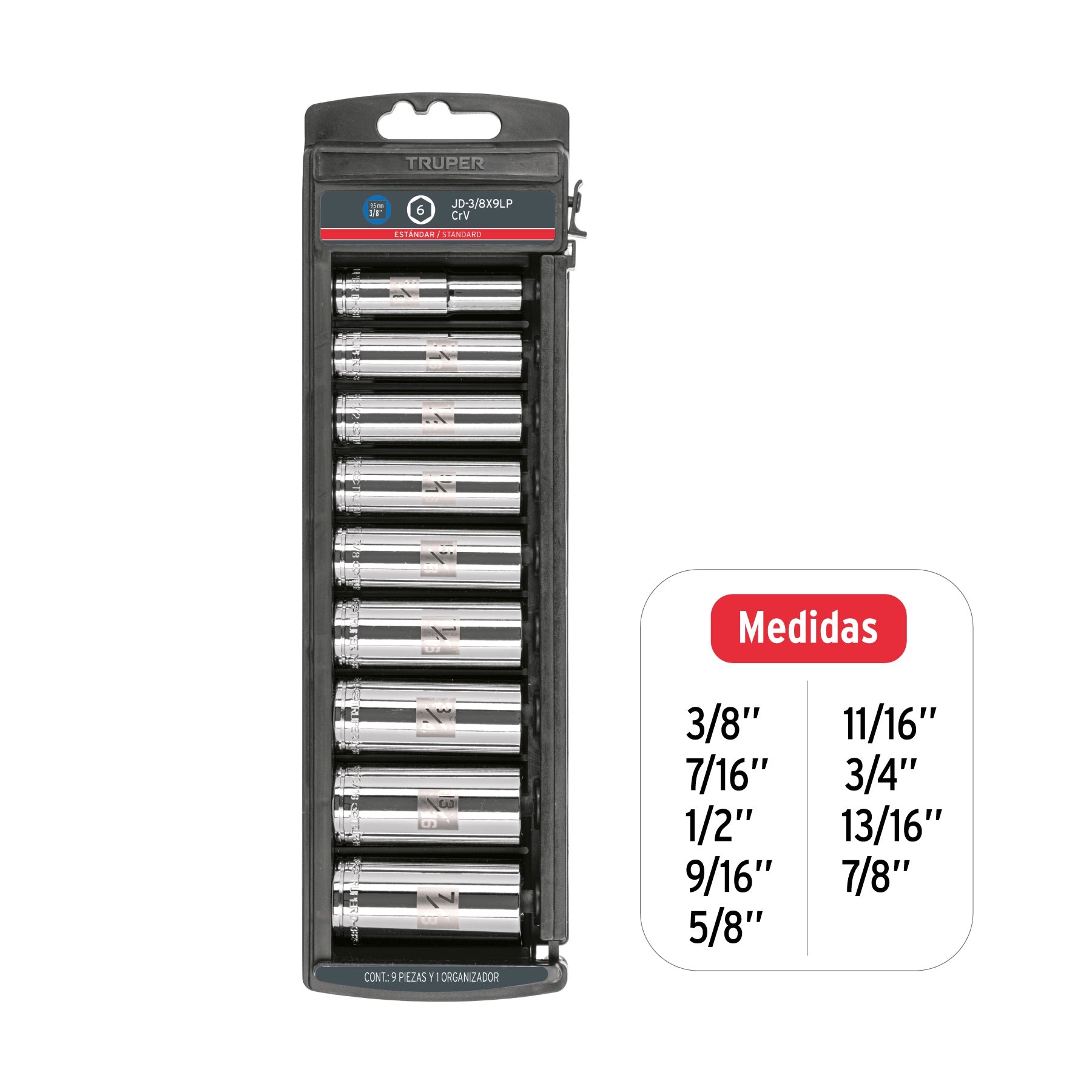 Juego de 9 dados largos cuadro 3/8" std, TRUPER