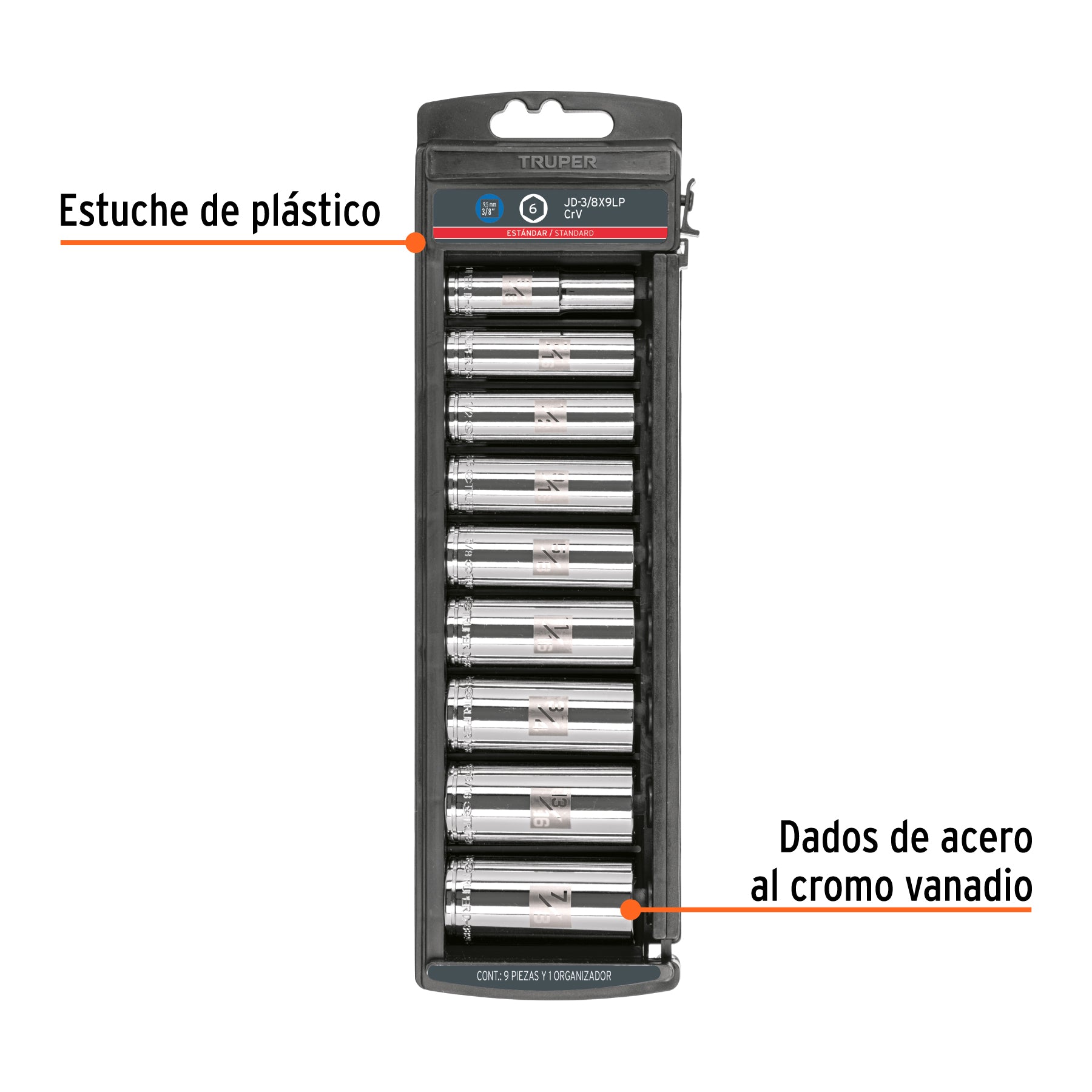 Juego de 9 dados largos cuadro 3/8" std, TRUPER