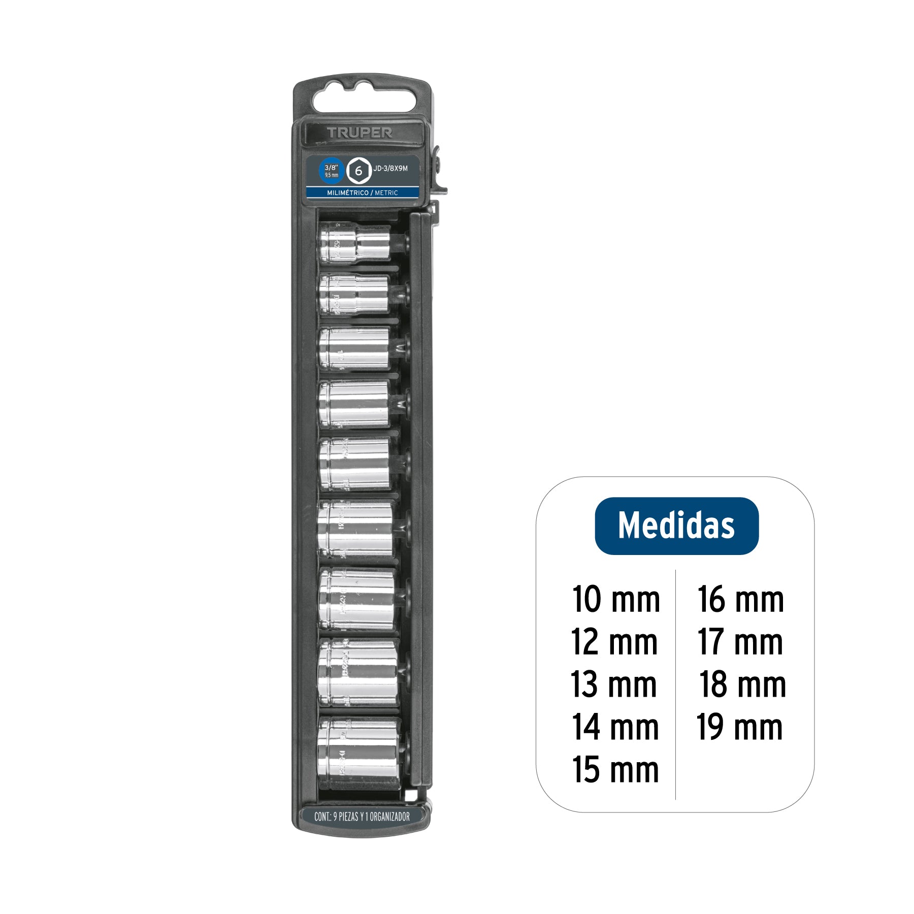 Juego de 9 dados cuadro 3/8" mm, TRUPER