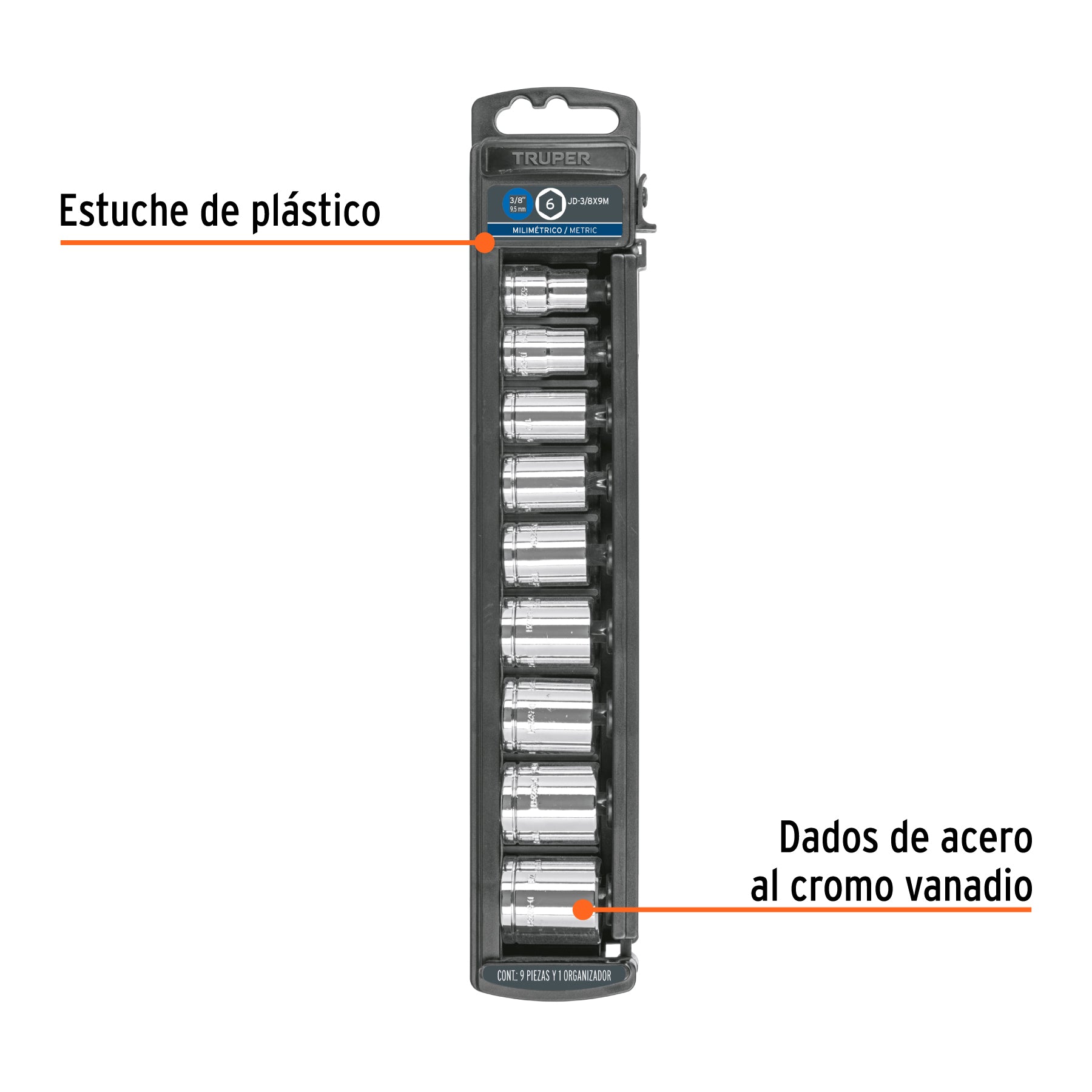Juego de 9 dados cuadro 3/8" mm, TRUPER
