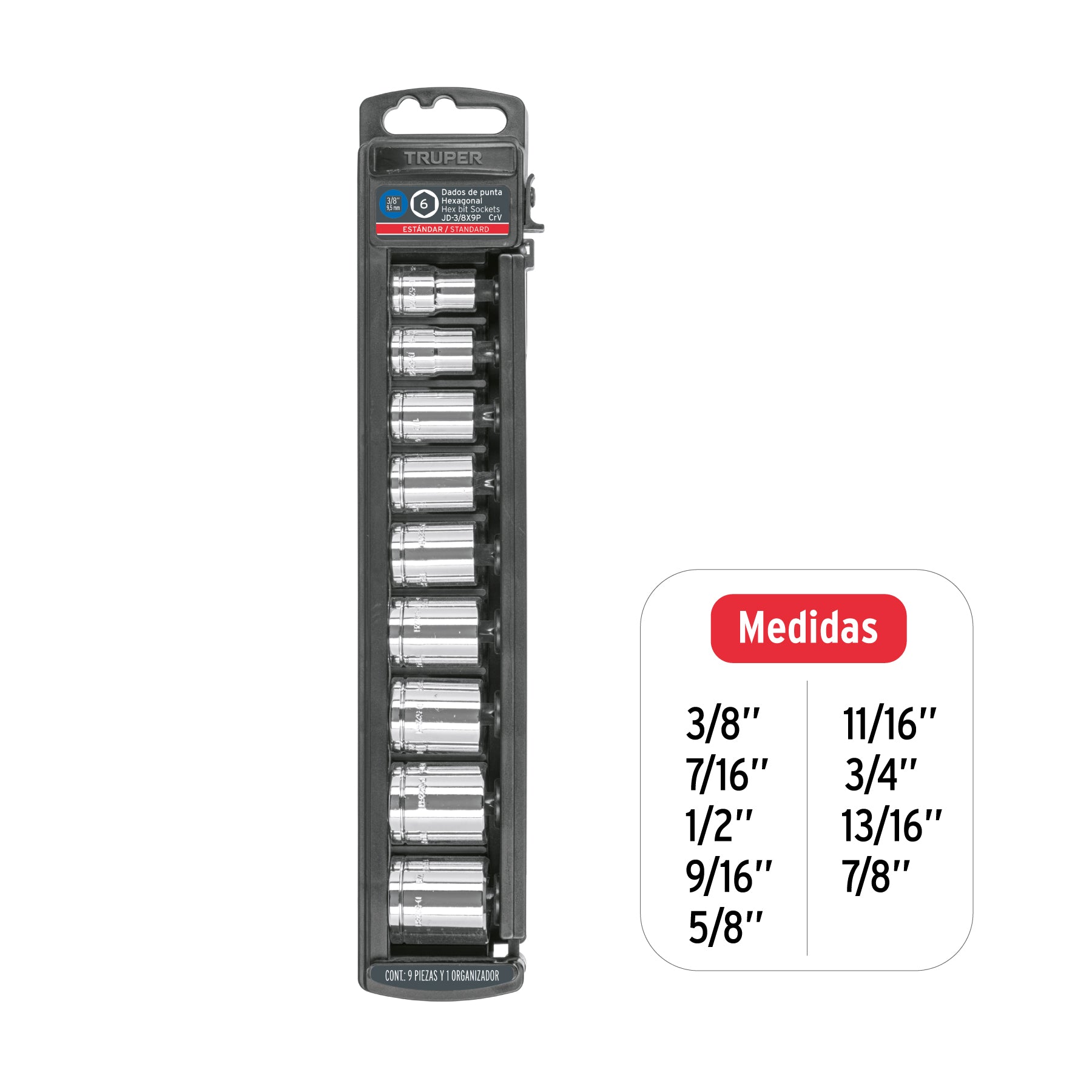 Juego de 9 dados cuadro 3/8" std, TRUPER