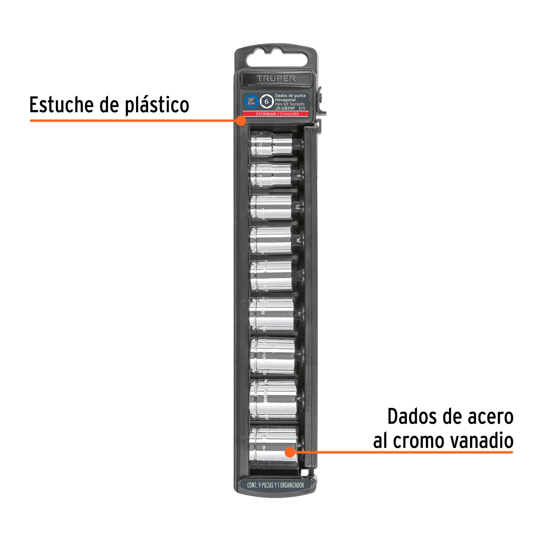 Juego de 9 dados cuadro 3/8" std, TRUPER
