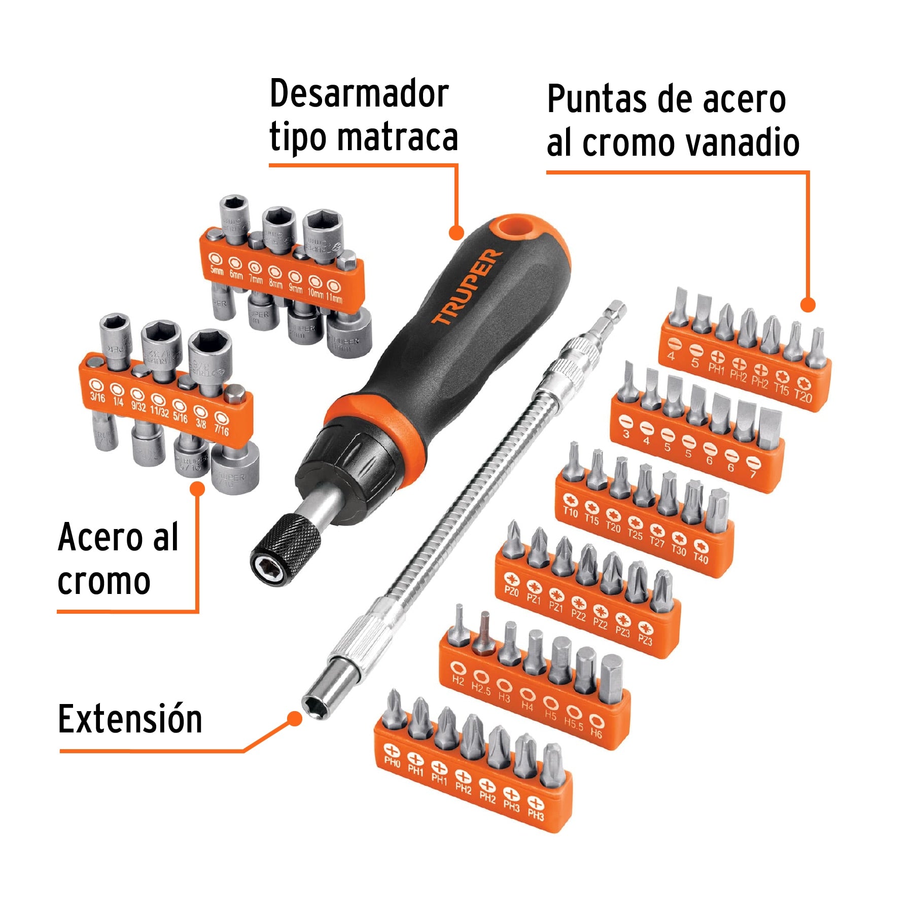 Desarmador tipo matraca con 42 puntas, 14 dados y extensión
