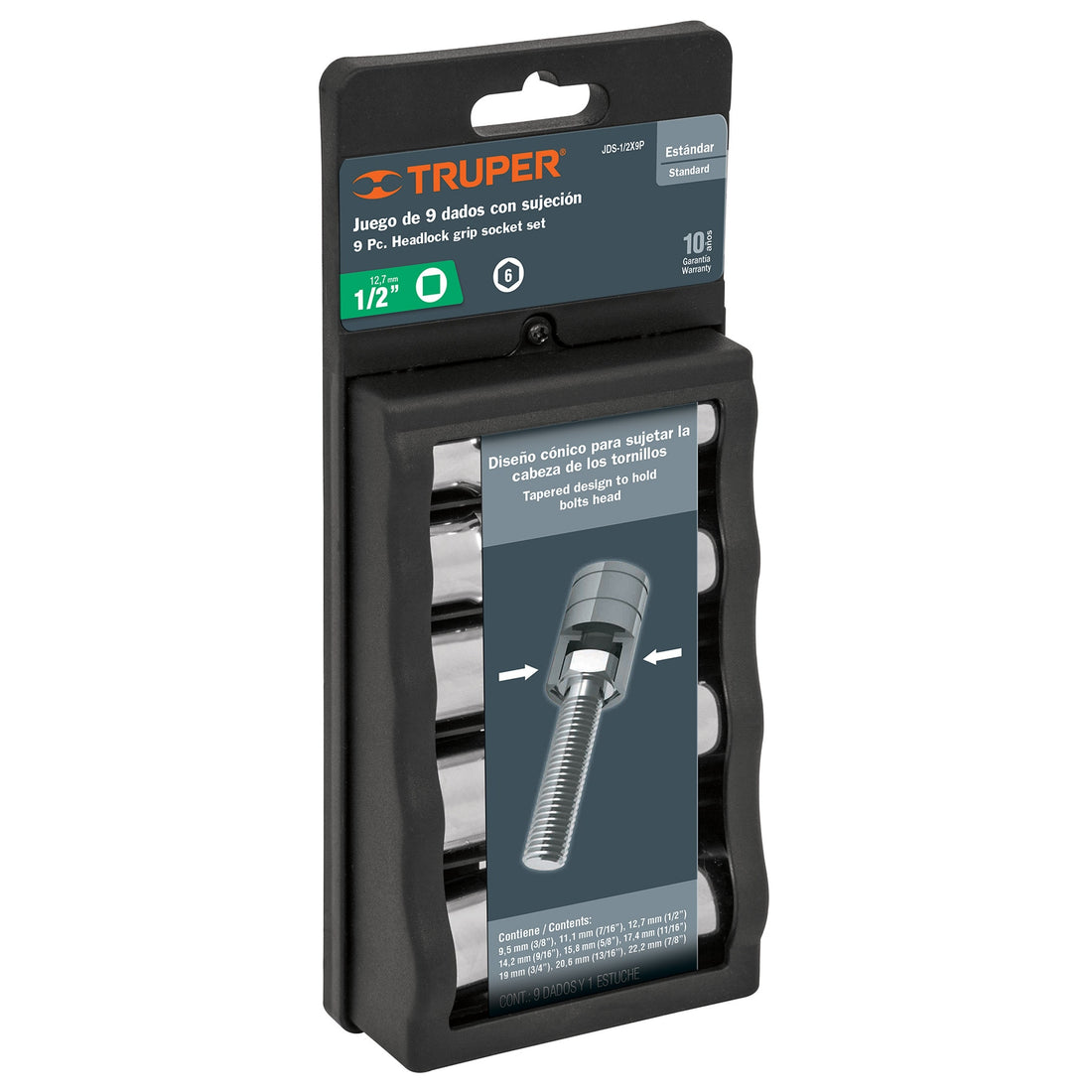 Juego dados con sujeción, cuadro 1/2", 9 pzas, milimétricos