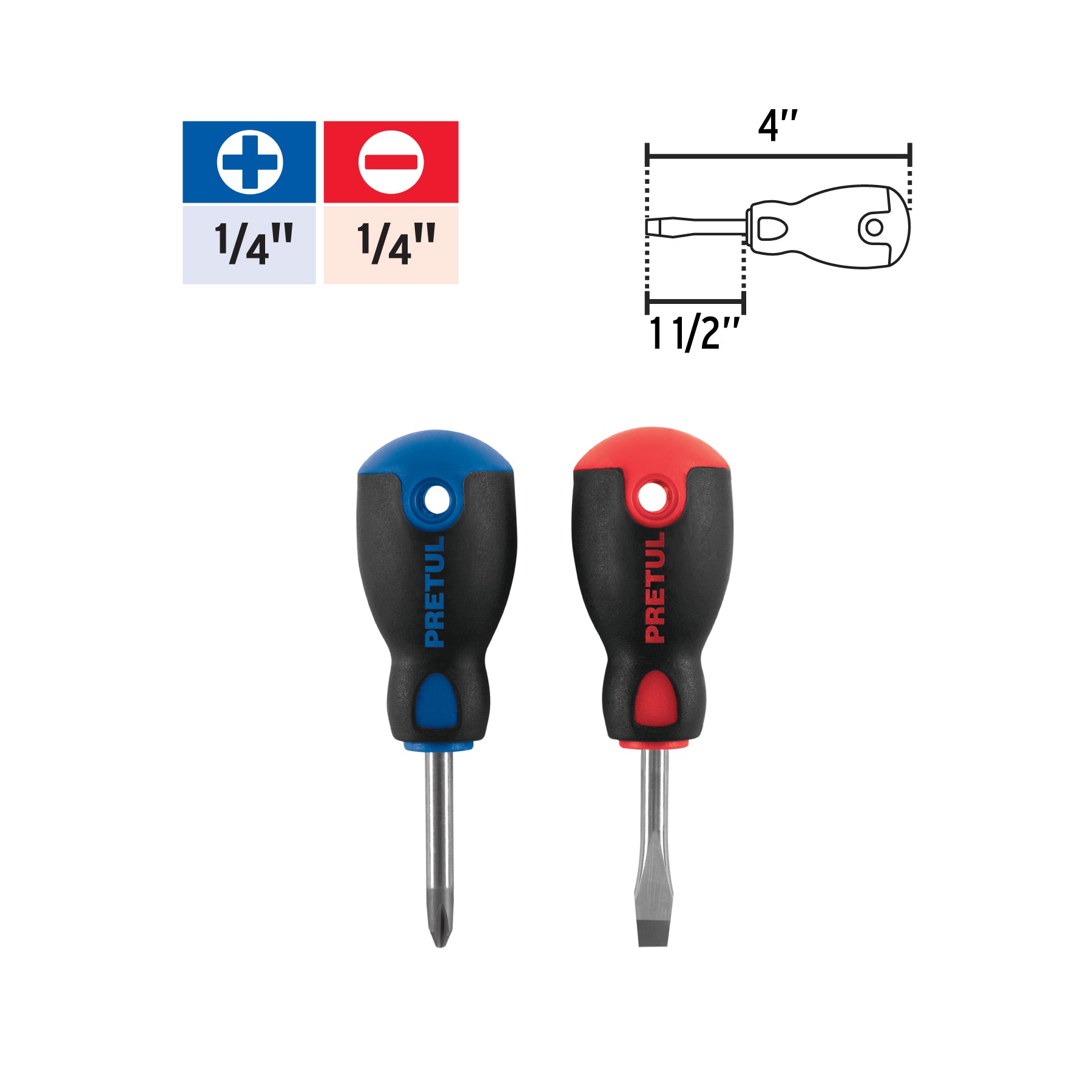 Dúo de desarmadores 1/4" x 1-1/2" mango Comfort Grip, PRETUL