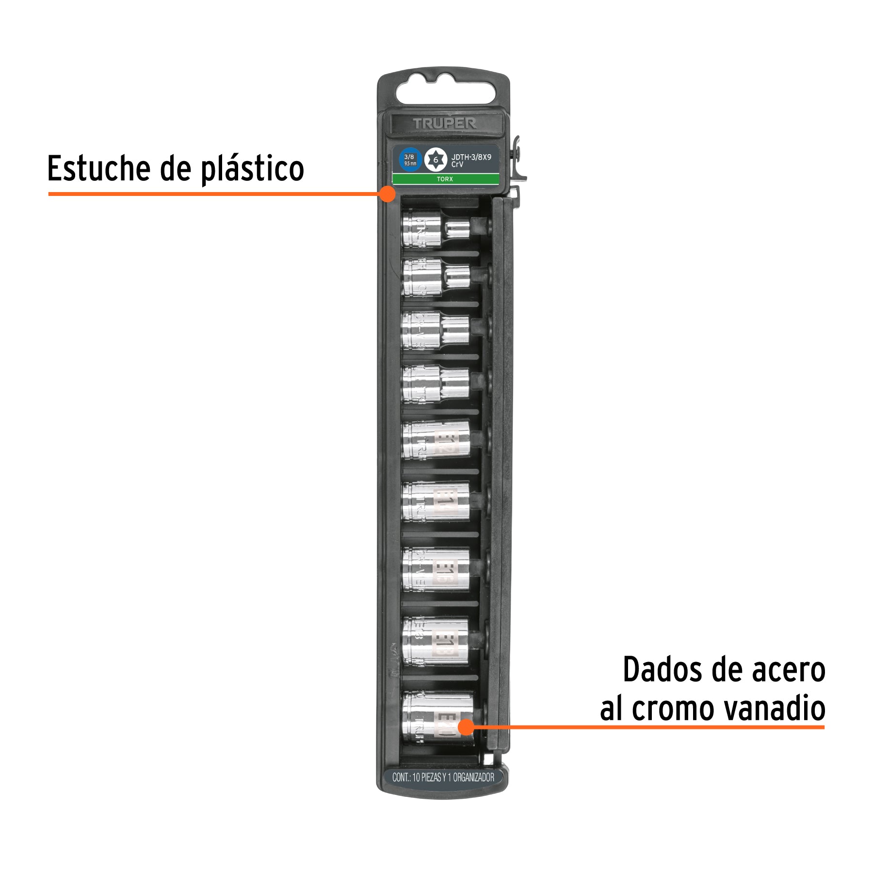 Juego de 9 dados cuadro 3/8" torx, TRUPER
