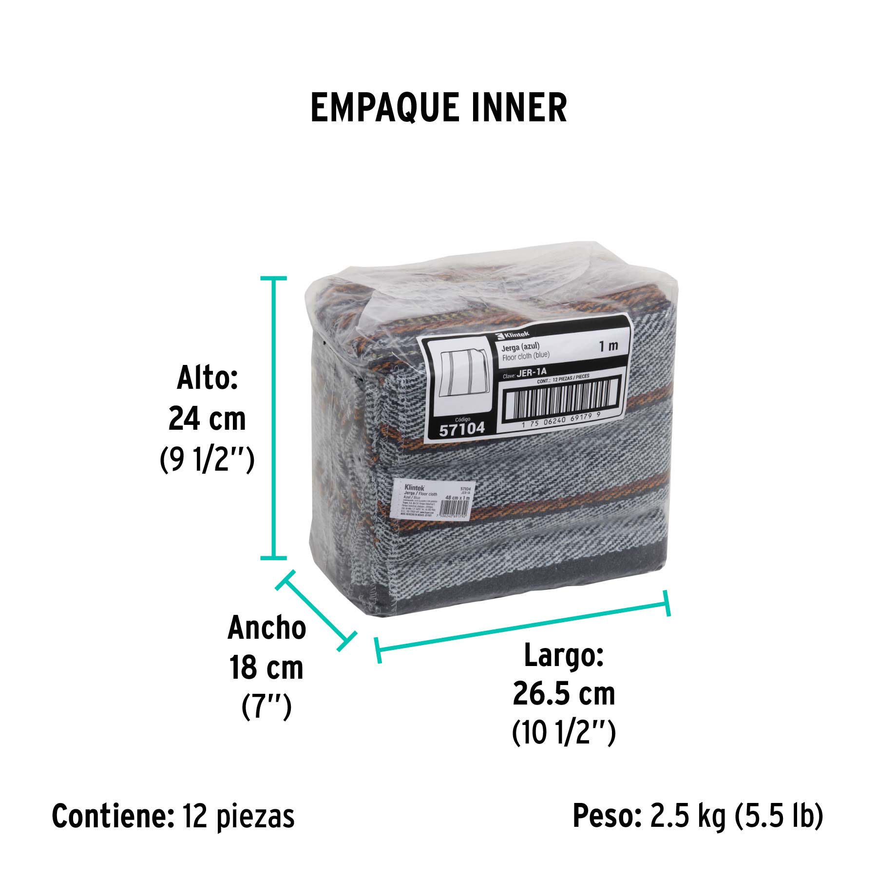 Jerga azul sarga gruesa de 1 m x 48 cm, KLINTEK - Empaque
