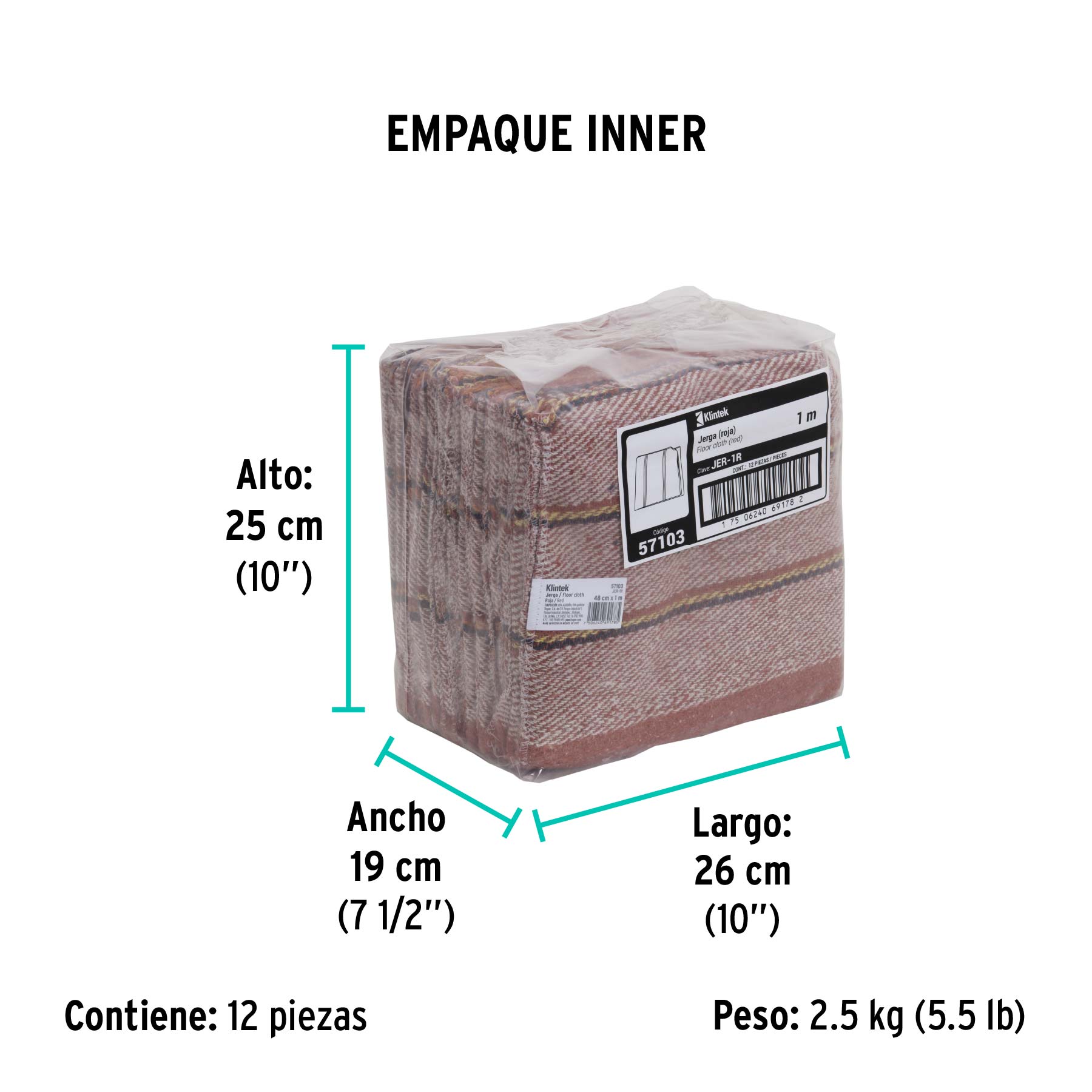 Jerga roja sarga gruesa de 1 m x 48 cm, KLINTEK - Empaque