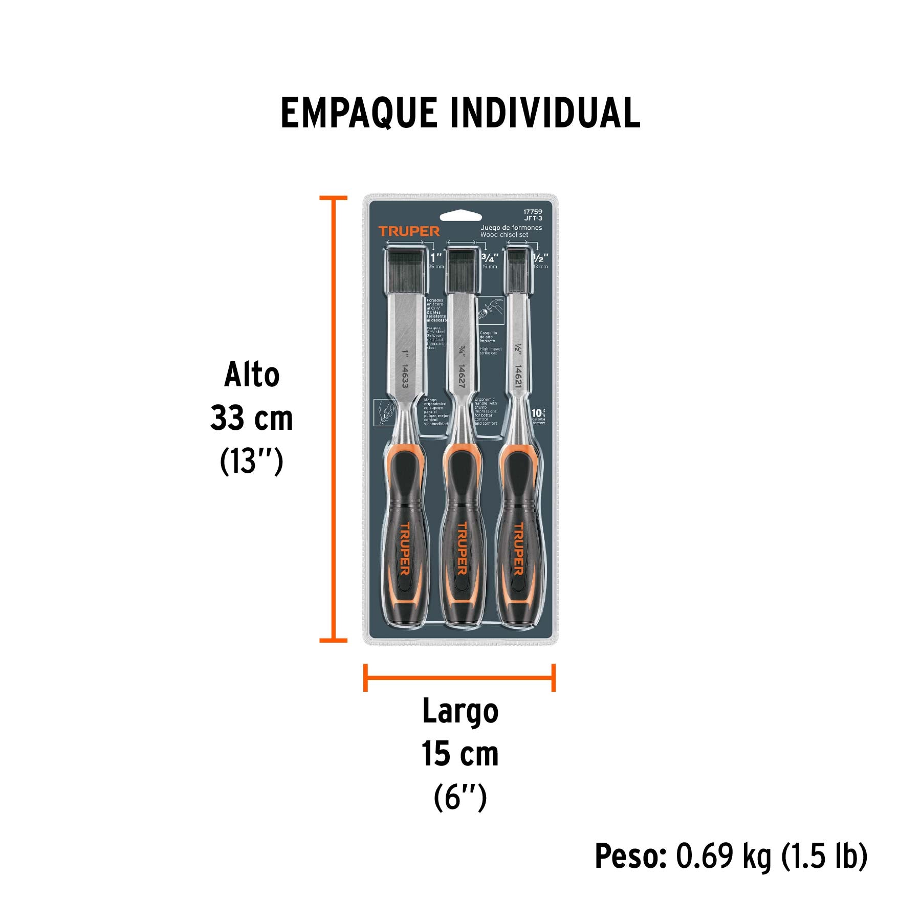 Juego de 3 formones mango Comfort Grip, TRUPER - Empaque