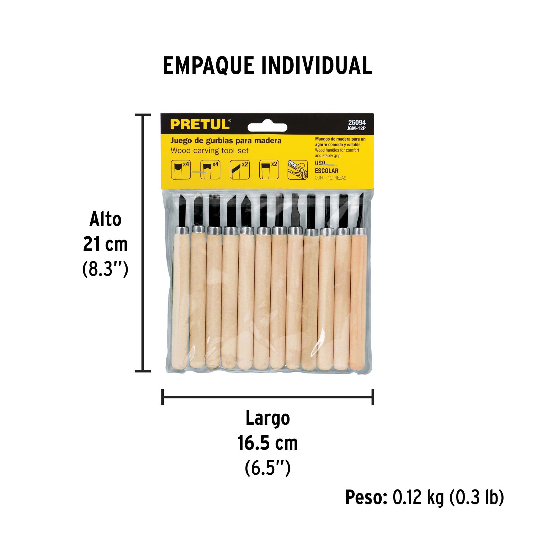 Juego de 12 gurbias escolares para madera, PRETUL - Empaque