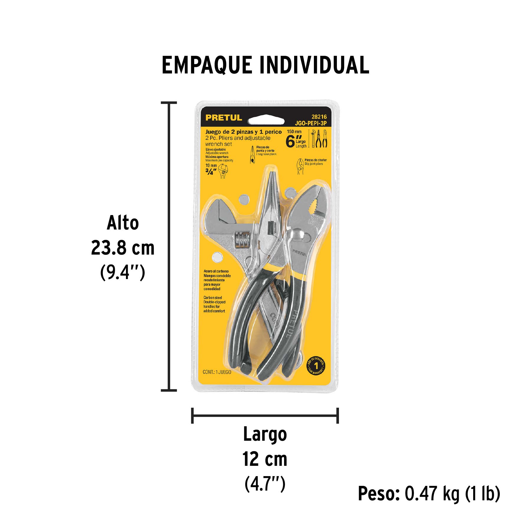 Juego de 2 pinzas y 1 llave ajustable, mangos de PVC, PRETUL - Empaque
