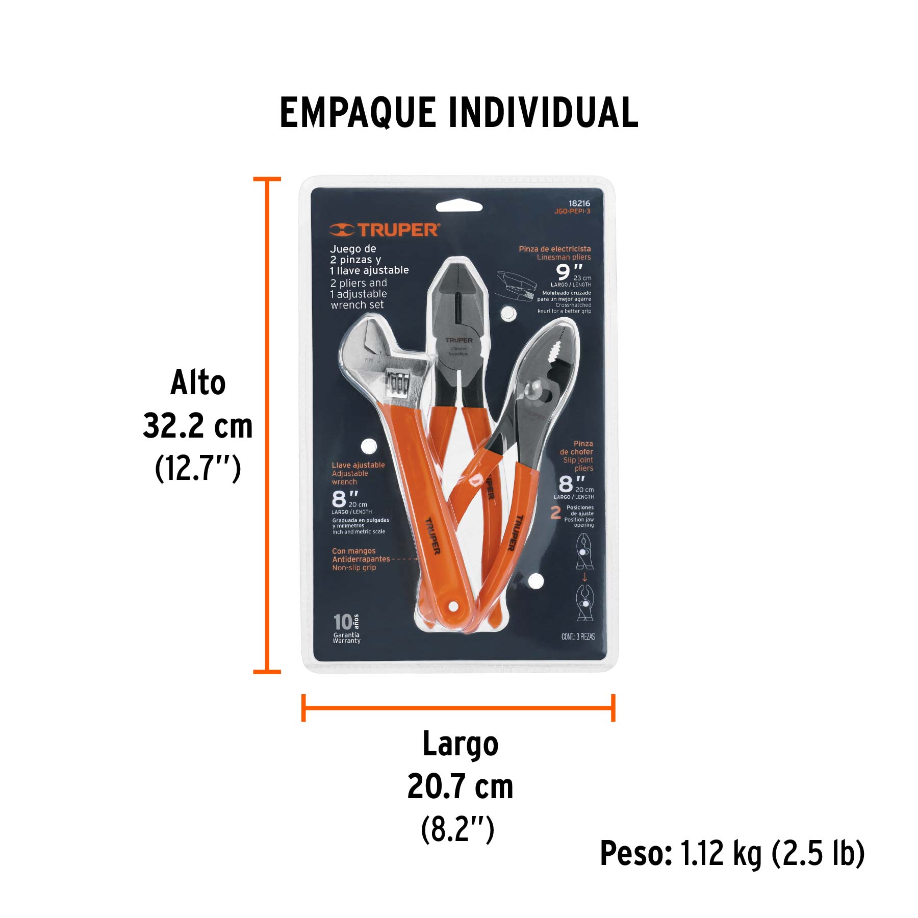 Juego con 2 pinzas y 1 llave ajustable mango de PVC, TRUPER - Empaque