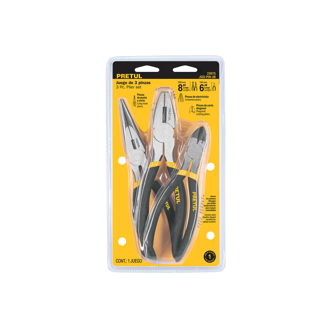 Juego de 3 pinzas, 2 de 6" y 1 de 8", mangos de PVC, PRETUL