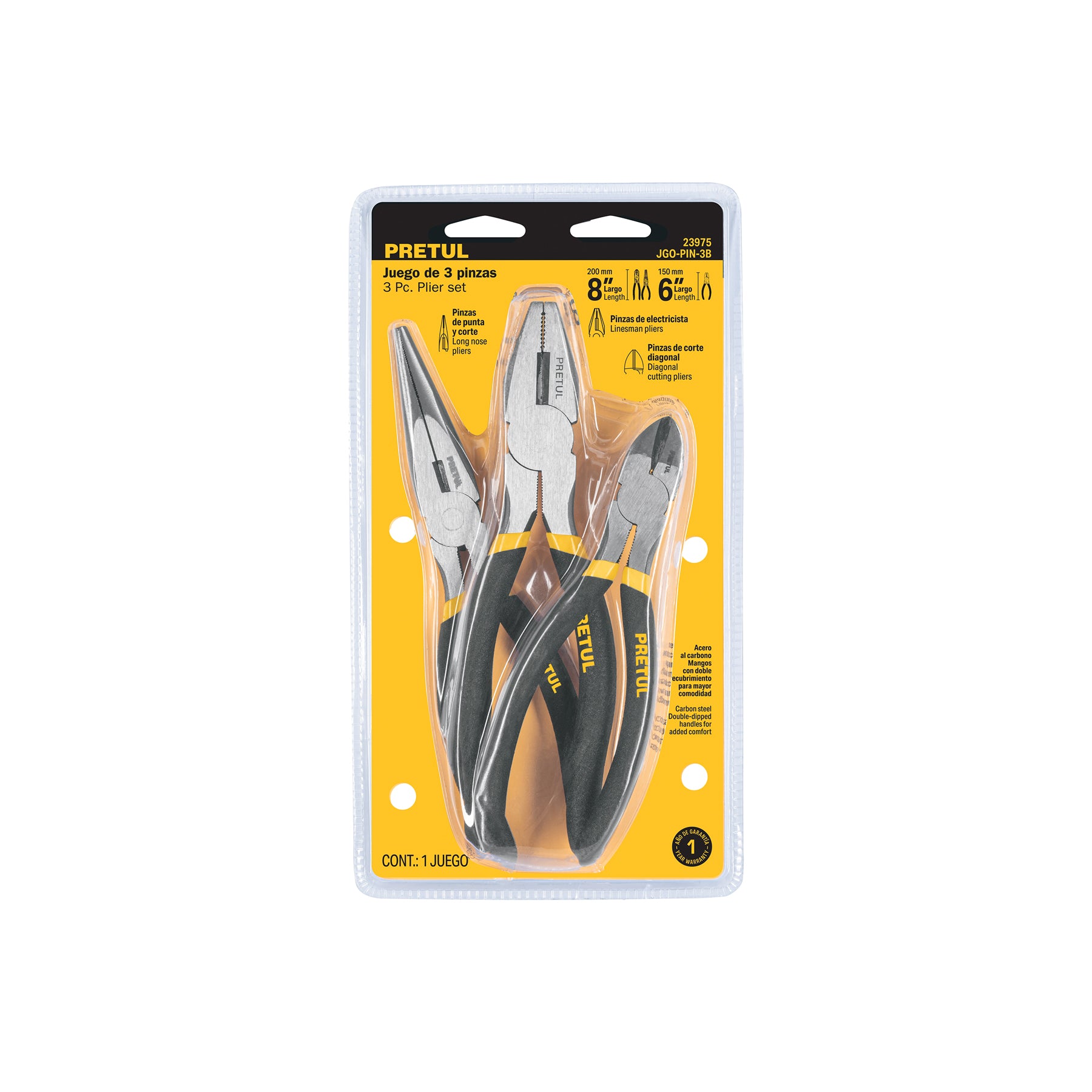 Juego de 3 pinzas, 2 de 6" y 1 de 8", mangos de PVC, PRETUL