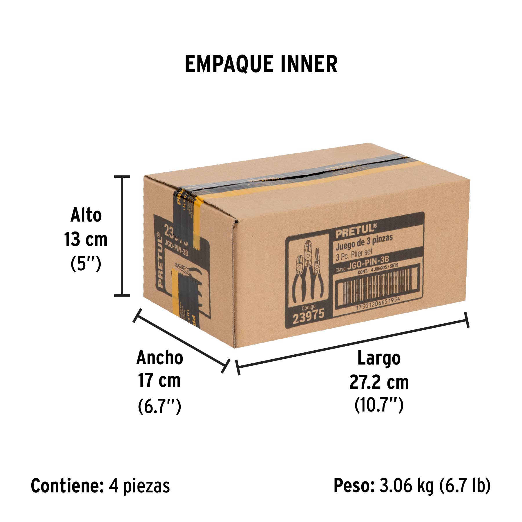Juego de 3 pinzas, 2 de 6" y 1 de 8", mangos de PVC, PRETUL - Empaque