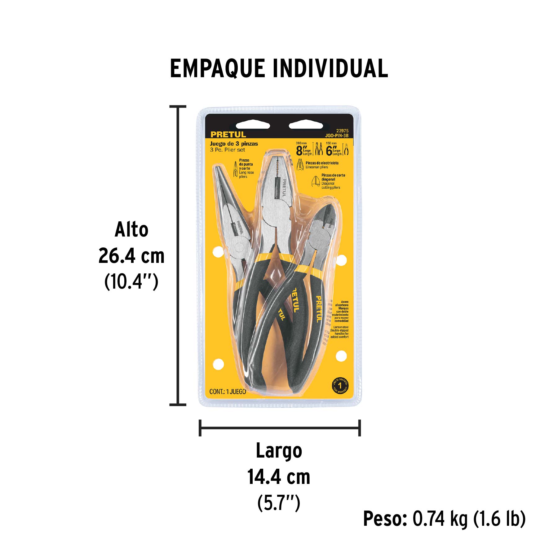Juego de 3 pinzas, 2 de 6" y 1 de 8", mangos de PVC, PRETUL - Empaque