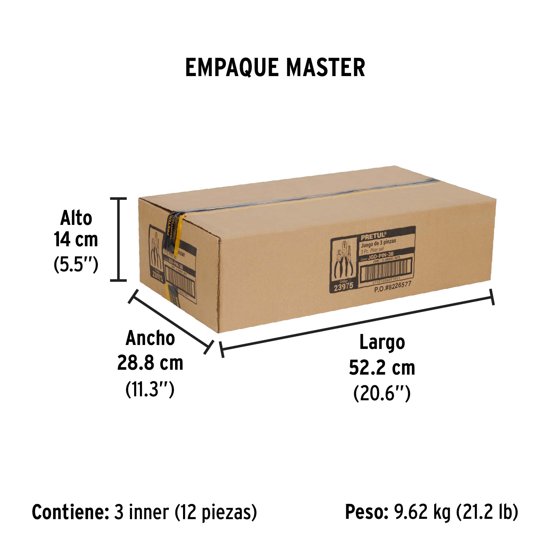 Juego de 3 pinzas, 2 de 6" y 1 de 8", mangos de PVC, PRETUL - Empaque