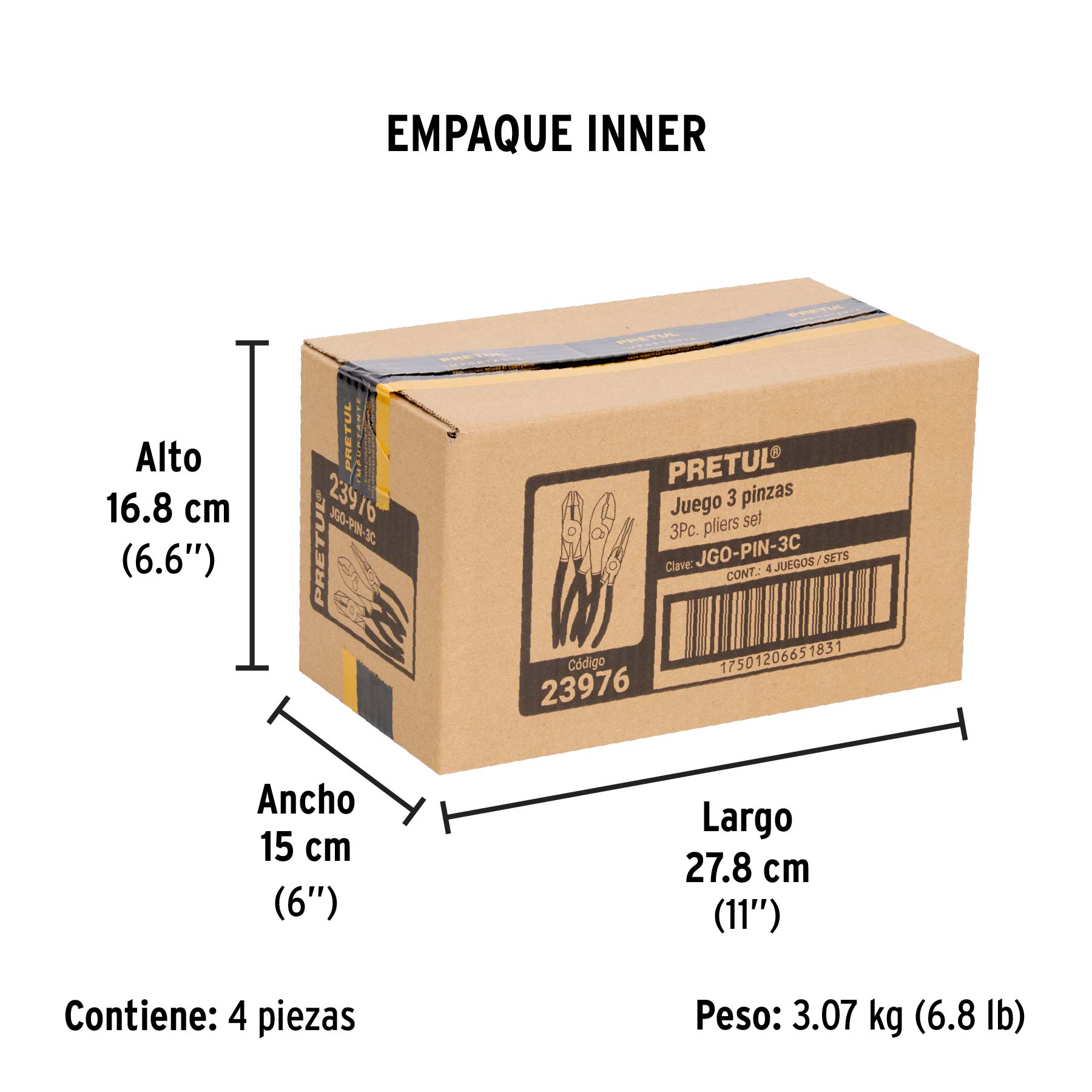 Juego de 3 pinzas, mangos de PVC, PRETUL - Empaque