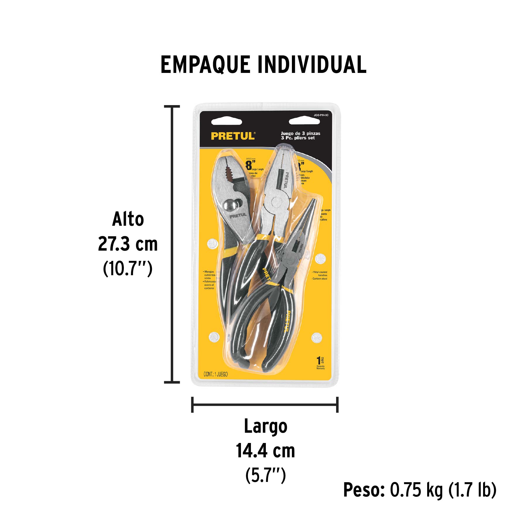 Juego de 3 pinzas, mangos de PVC, PRETUL - Empaque