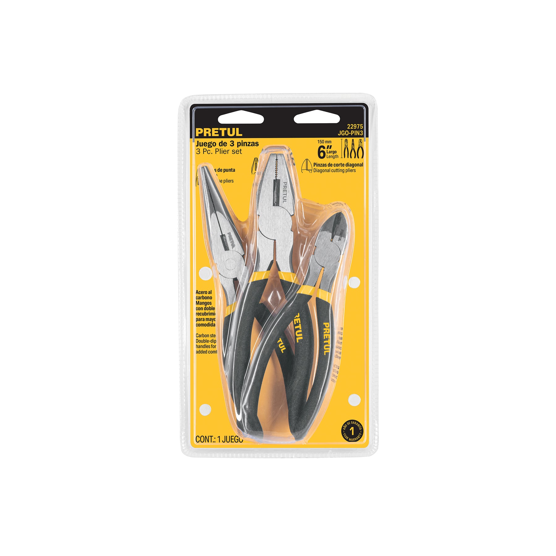 Juego de 3 pinzas de 6", mangos de PVC, PRETUL
