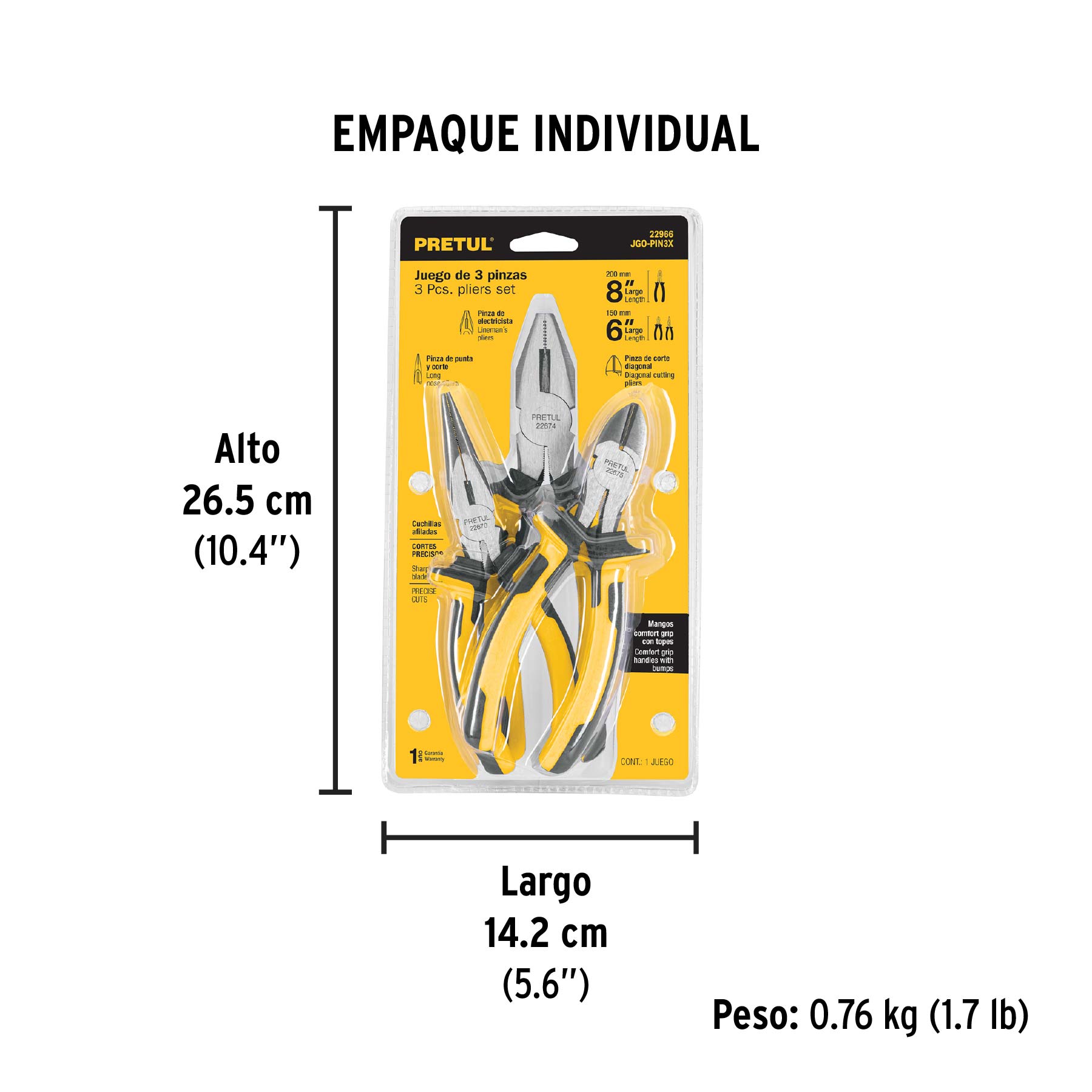 Juego de 3 pinzas 3 mango Comfort Grip, PRETUL - Empaque