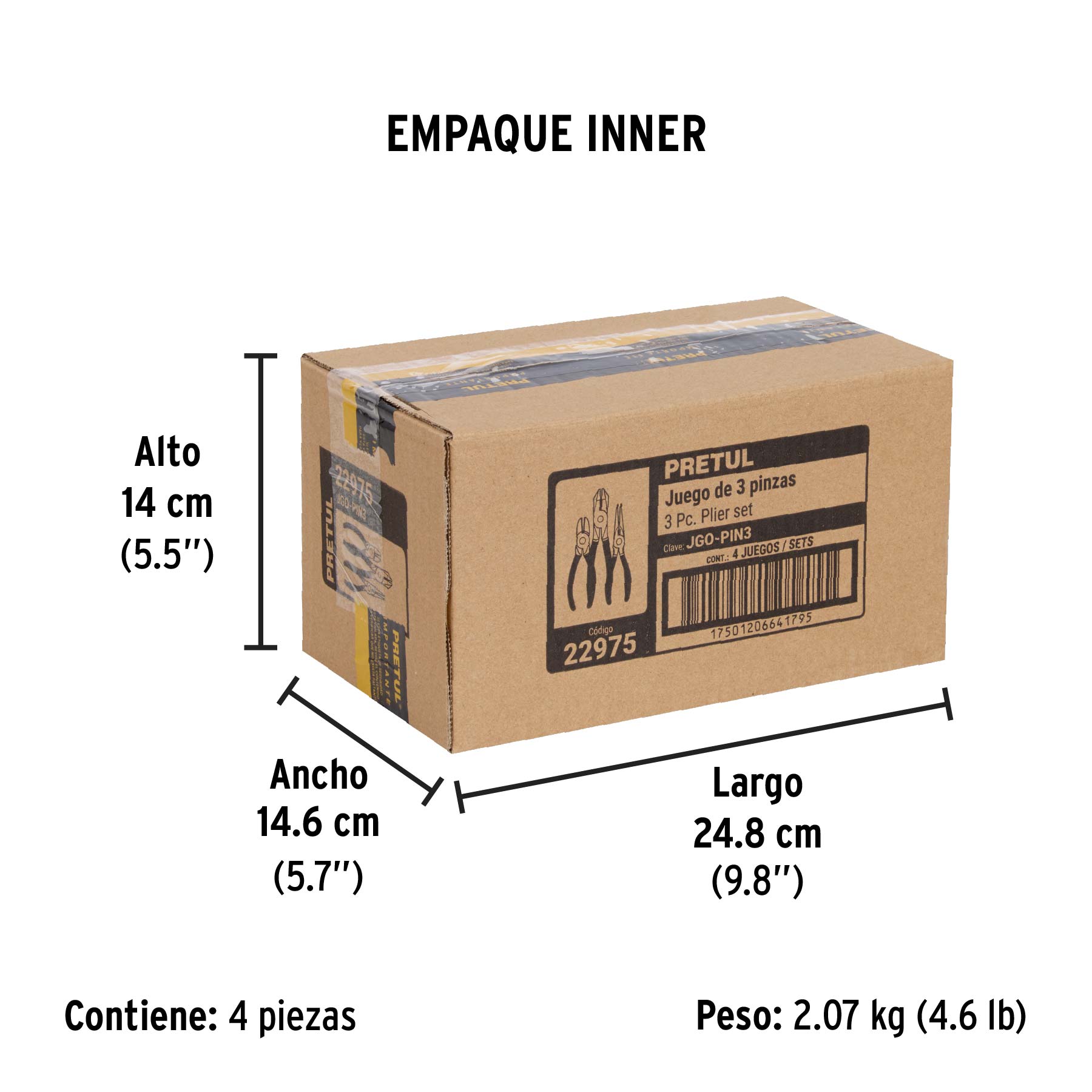 Juego de 3 pinzas de 6", mangos de PVC, PRETUL - Empaque